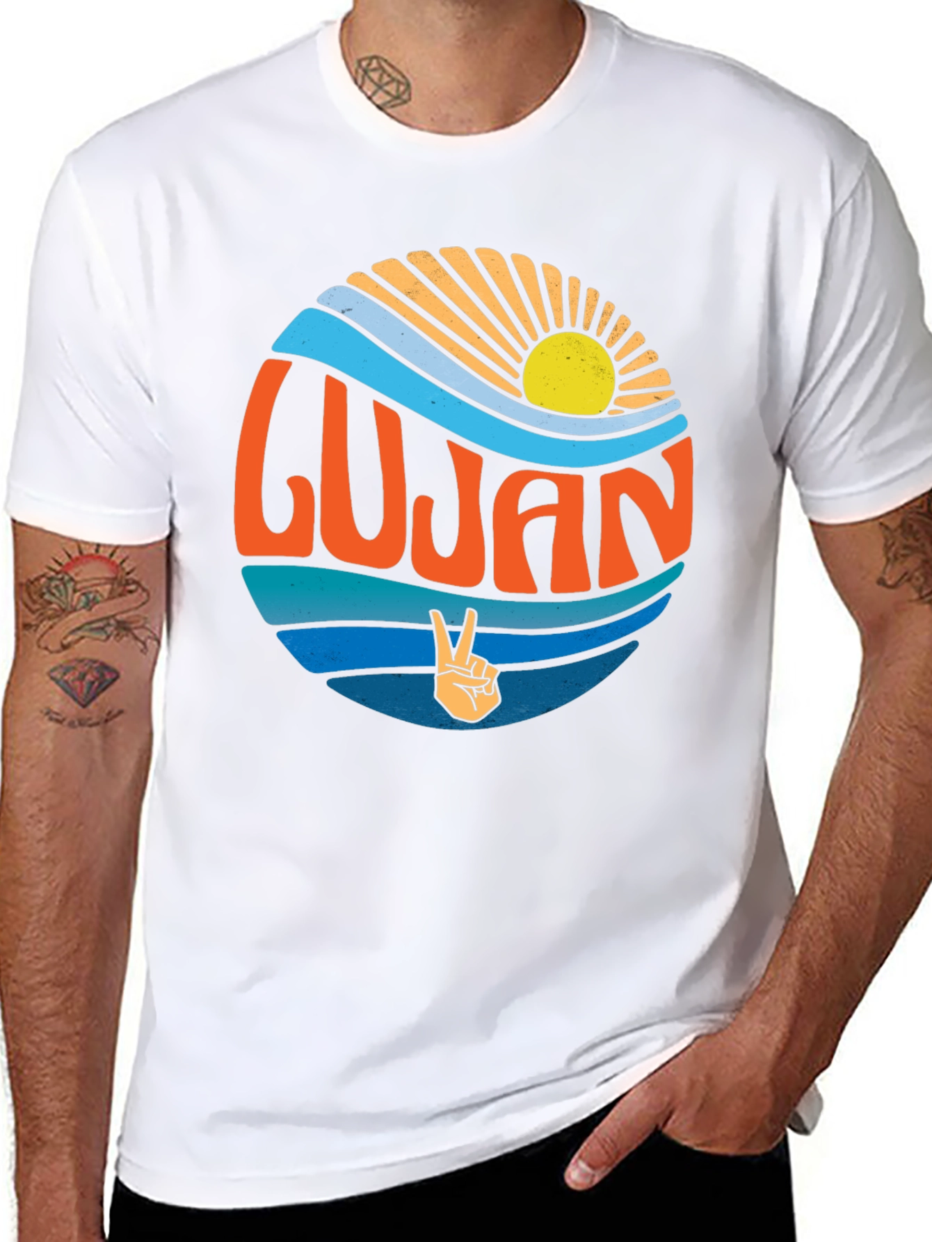Lujan Retro Sun & Peace Sign Black T-Shirt