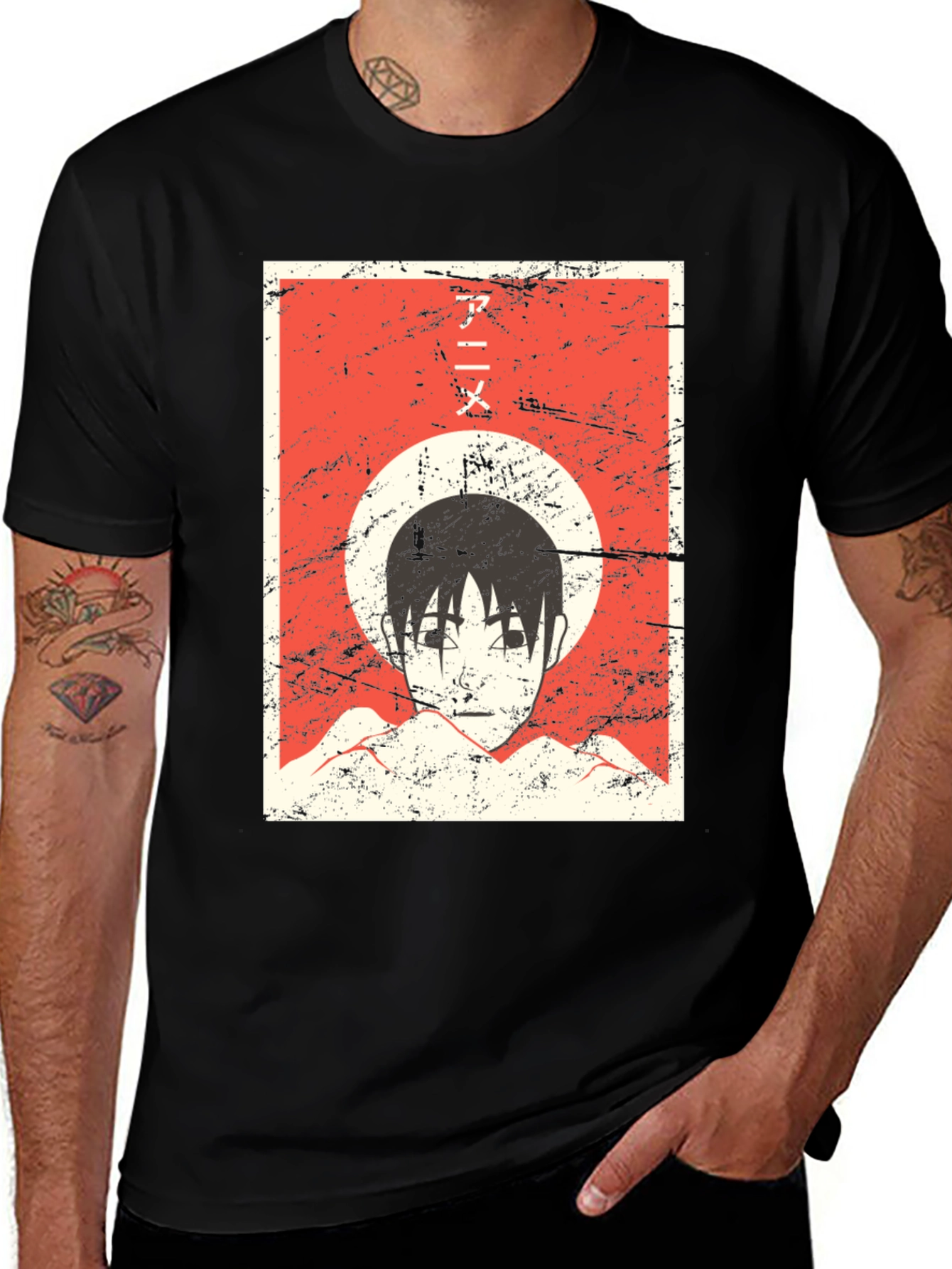 Anime Graphic Tee - Grunge Aesthetic Black T-Shirt