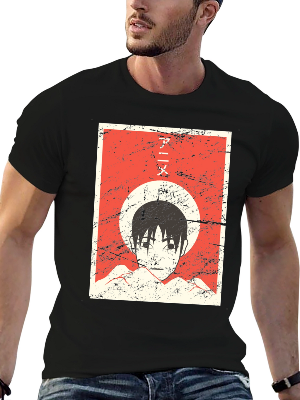Anime Graphic Tee - Grunge Aesthetic Black T-Shirt