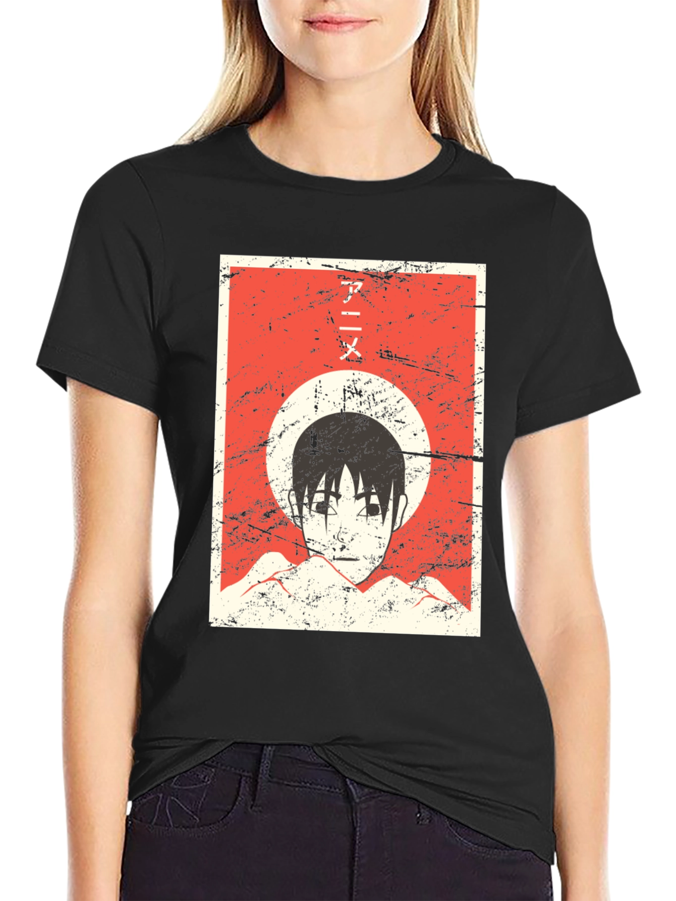 Anime Graphic Tee - Grunge Aesthetic Black T-Shirt