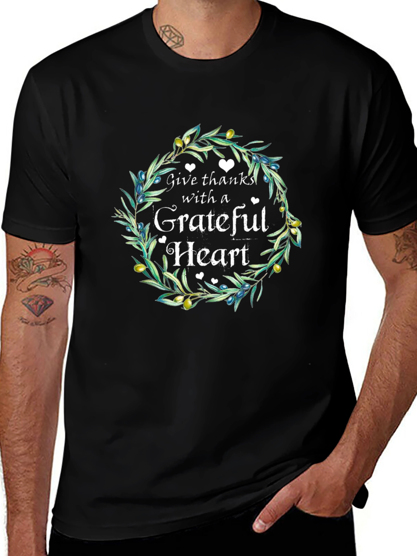 Grateful Heart Graphic Tee - Olive Branch Wreath