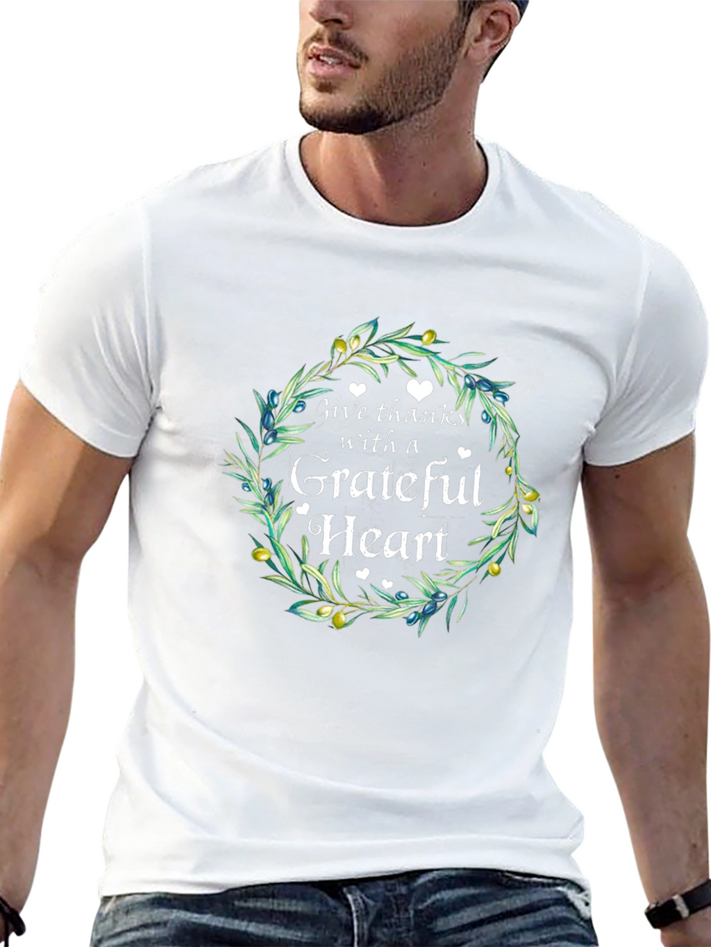 Grateful Heart Graphic Tee - Olive Branch Wreath