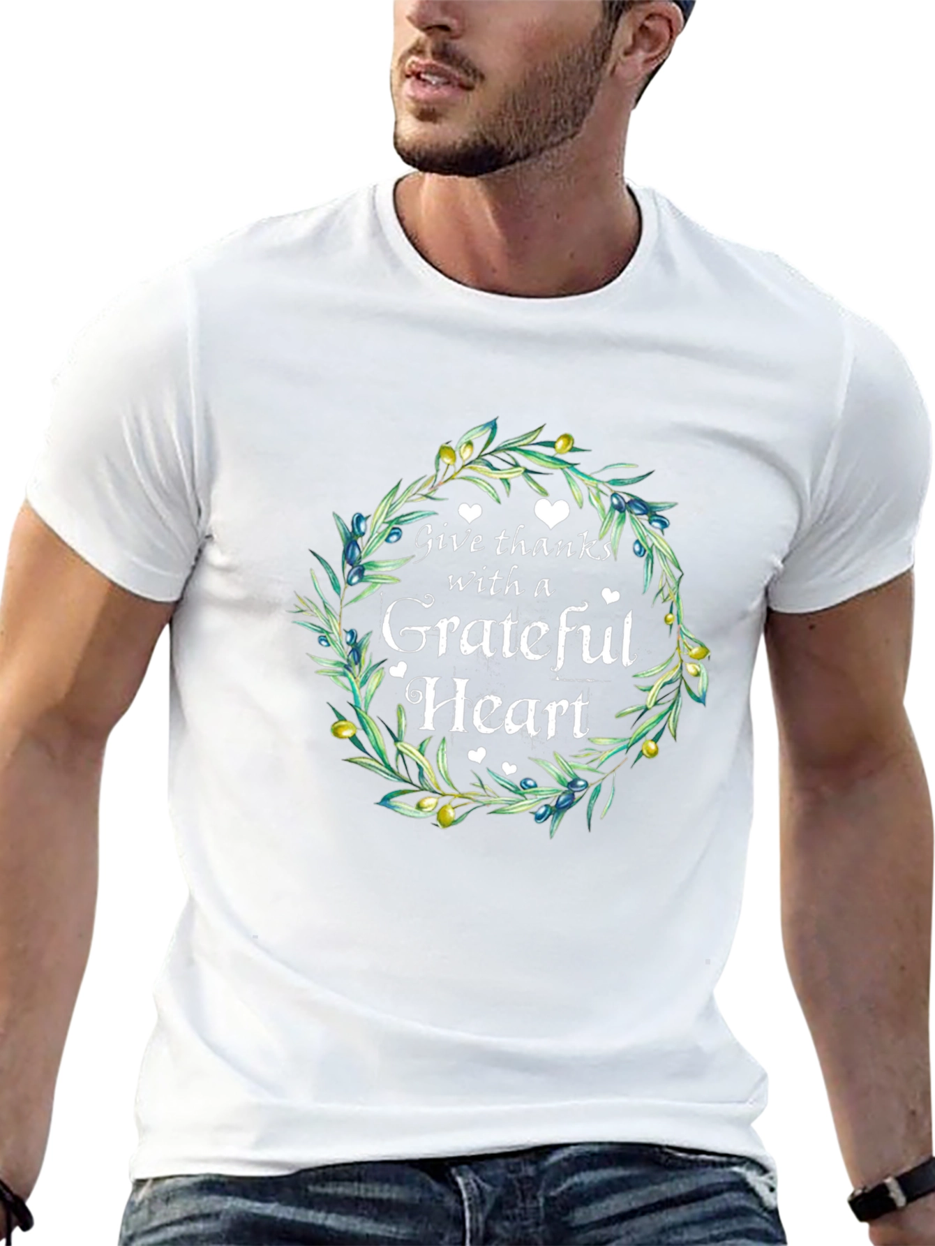 Grateful Heart Graphic Tee - Olive Branch Wreath