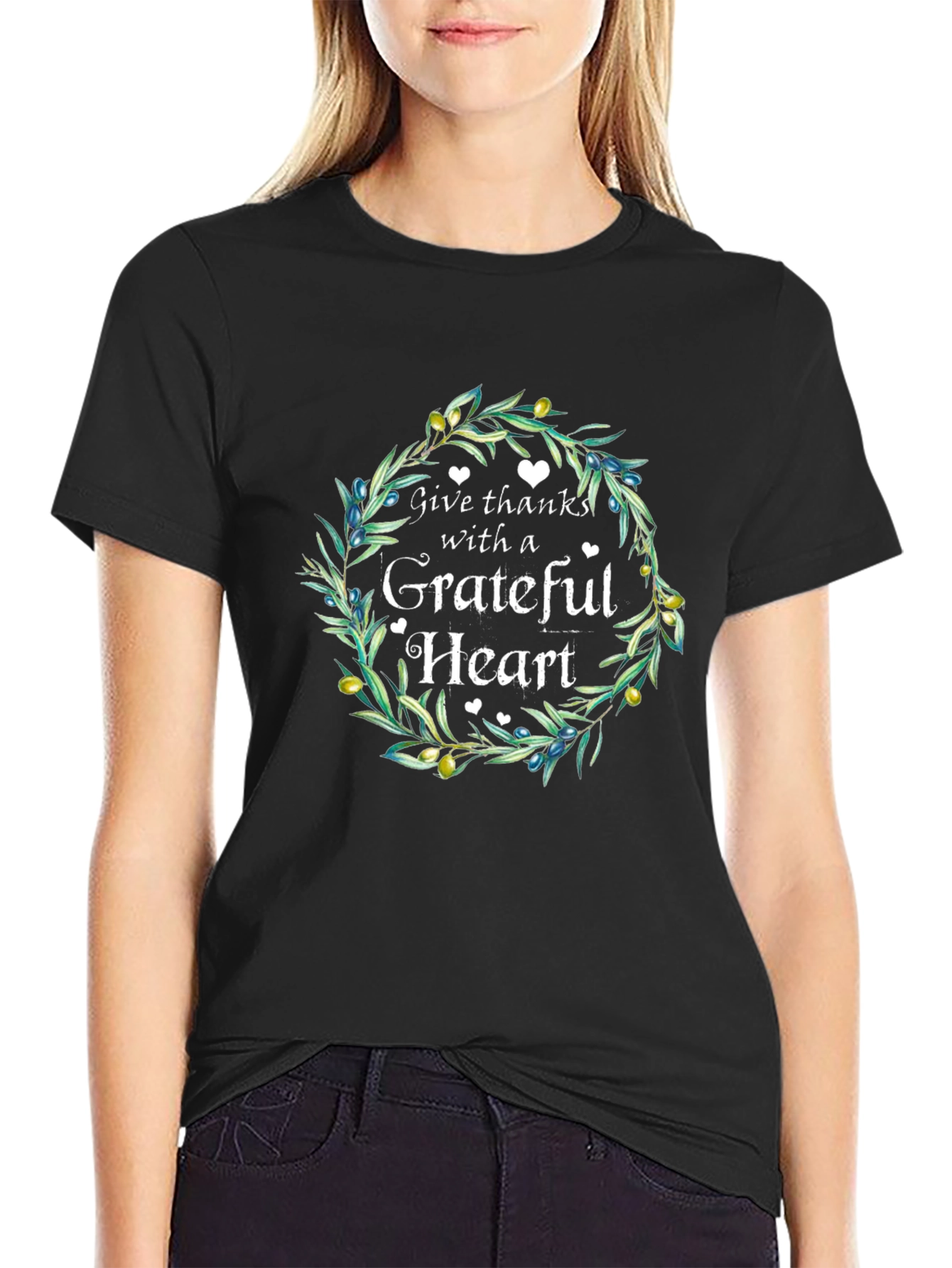 Grateful Heart Graphic Tee - Olive Branch Wreath