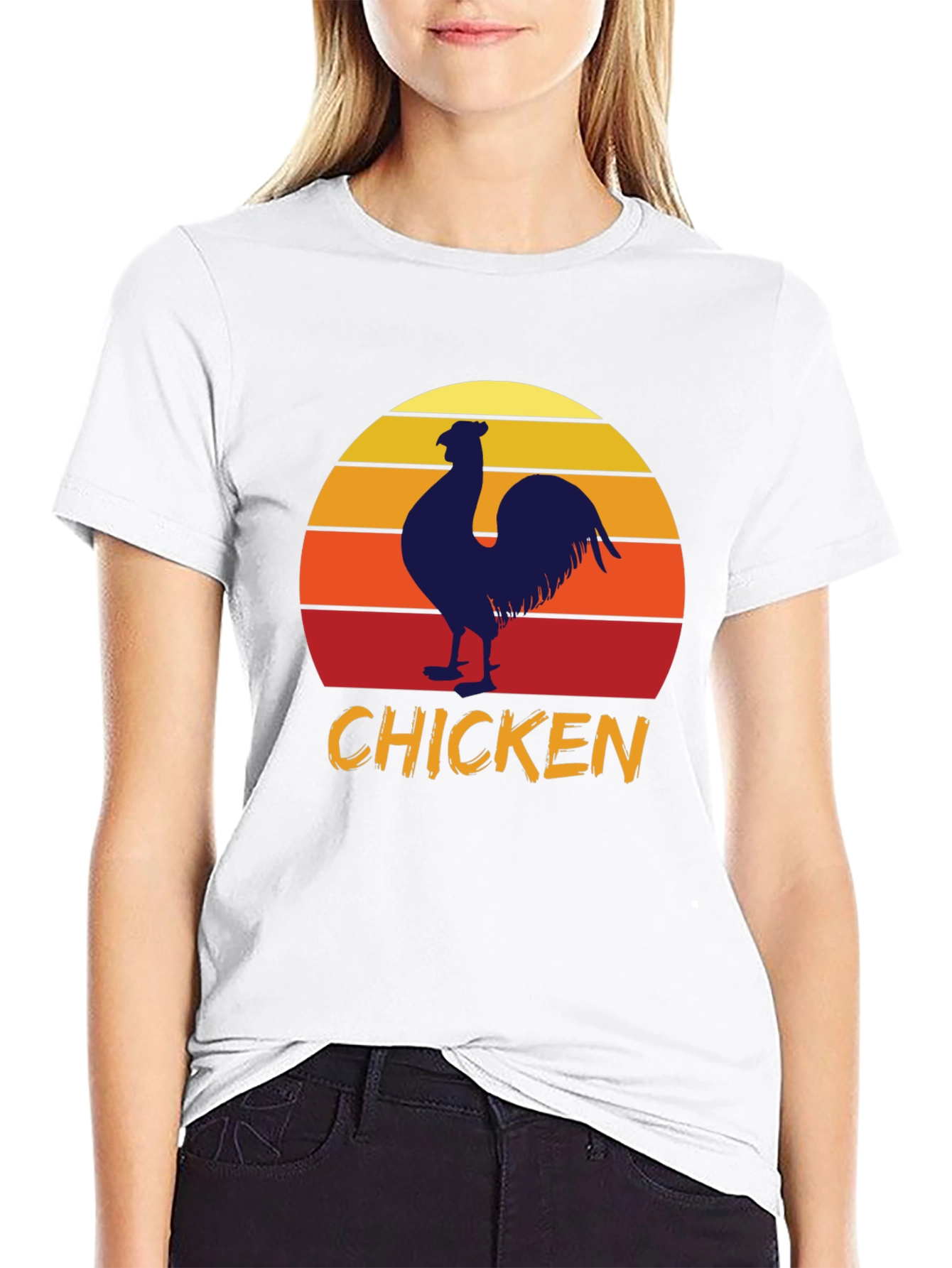 Vintage Chicken Sunset Graphic Tee - Black Cotton