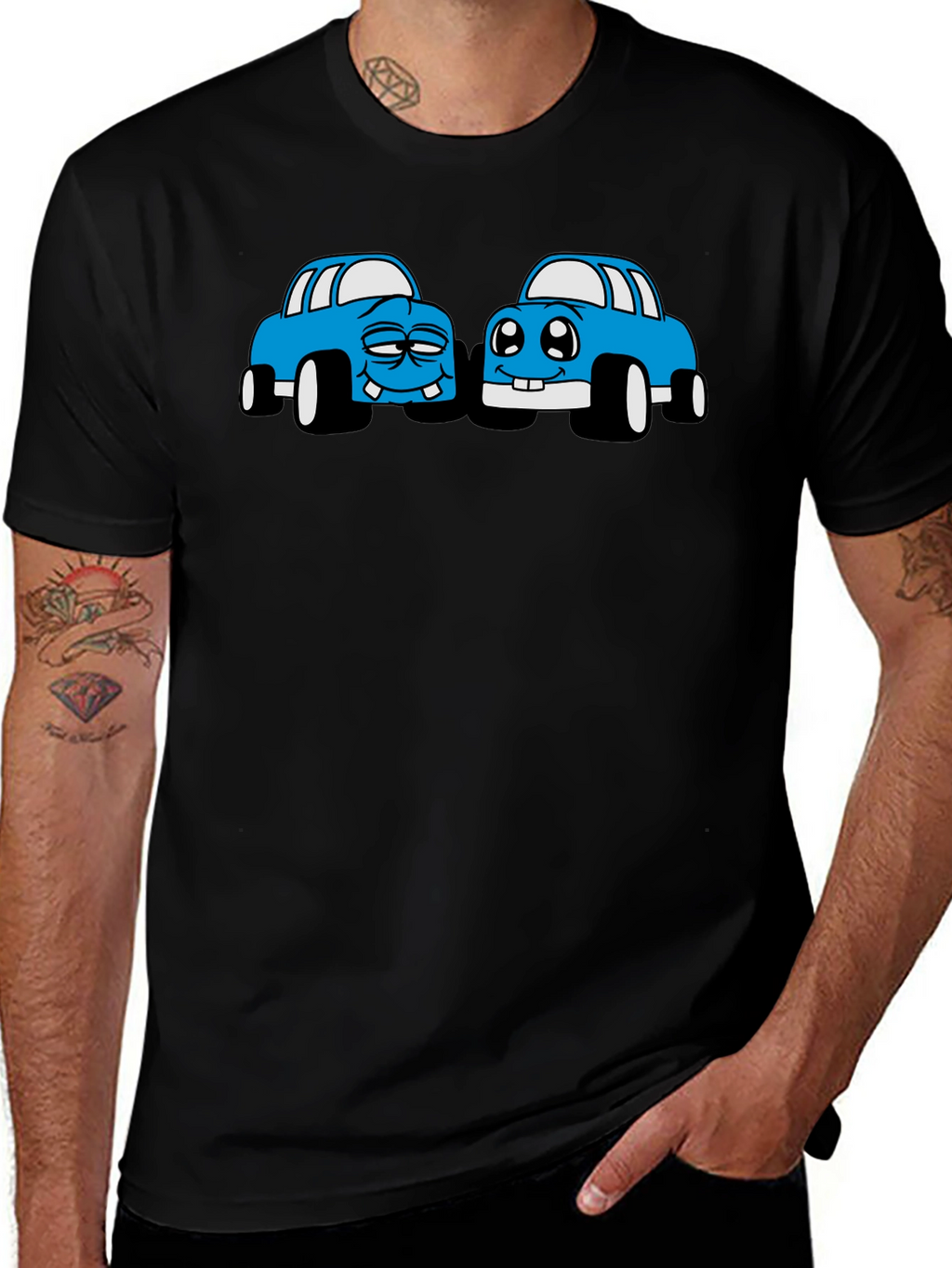 Cartoon Car Graphic Tee - Black Cotton T-Shirt