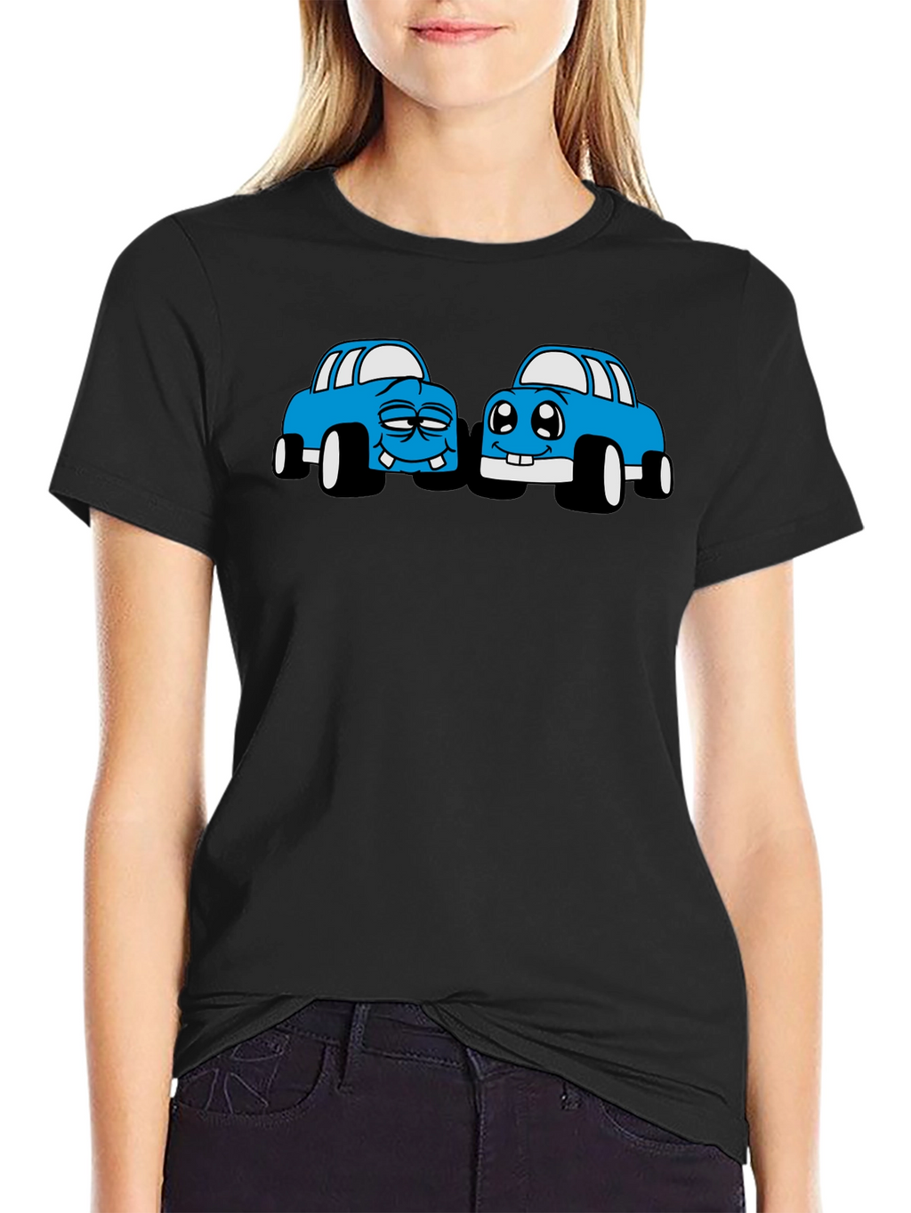 Cartoon Car Graphic Tee - Black Cotton T-Shirt