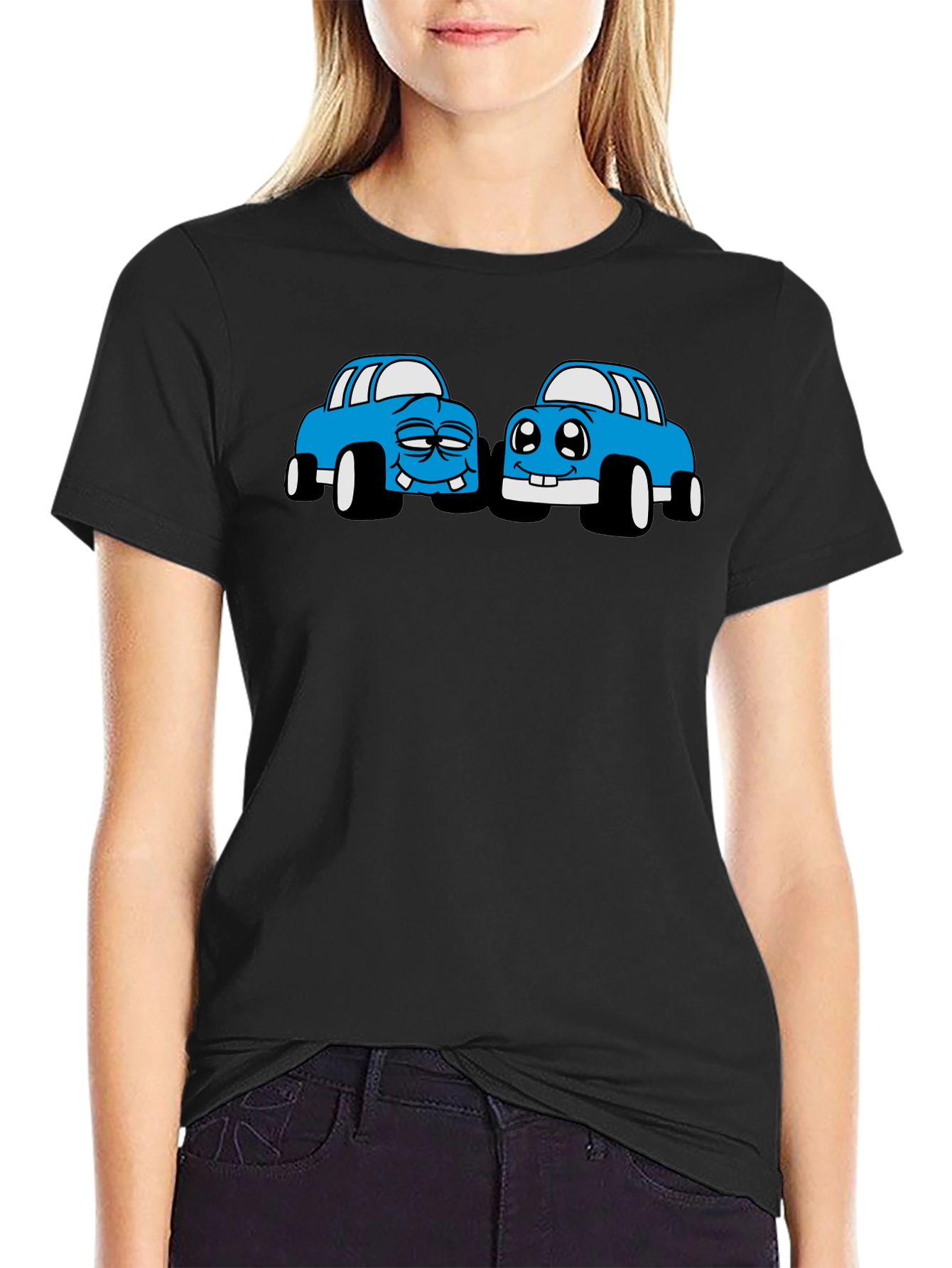 Cartoon Car Graphic Tee - Black Cotton T-Shirt