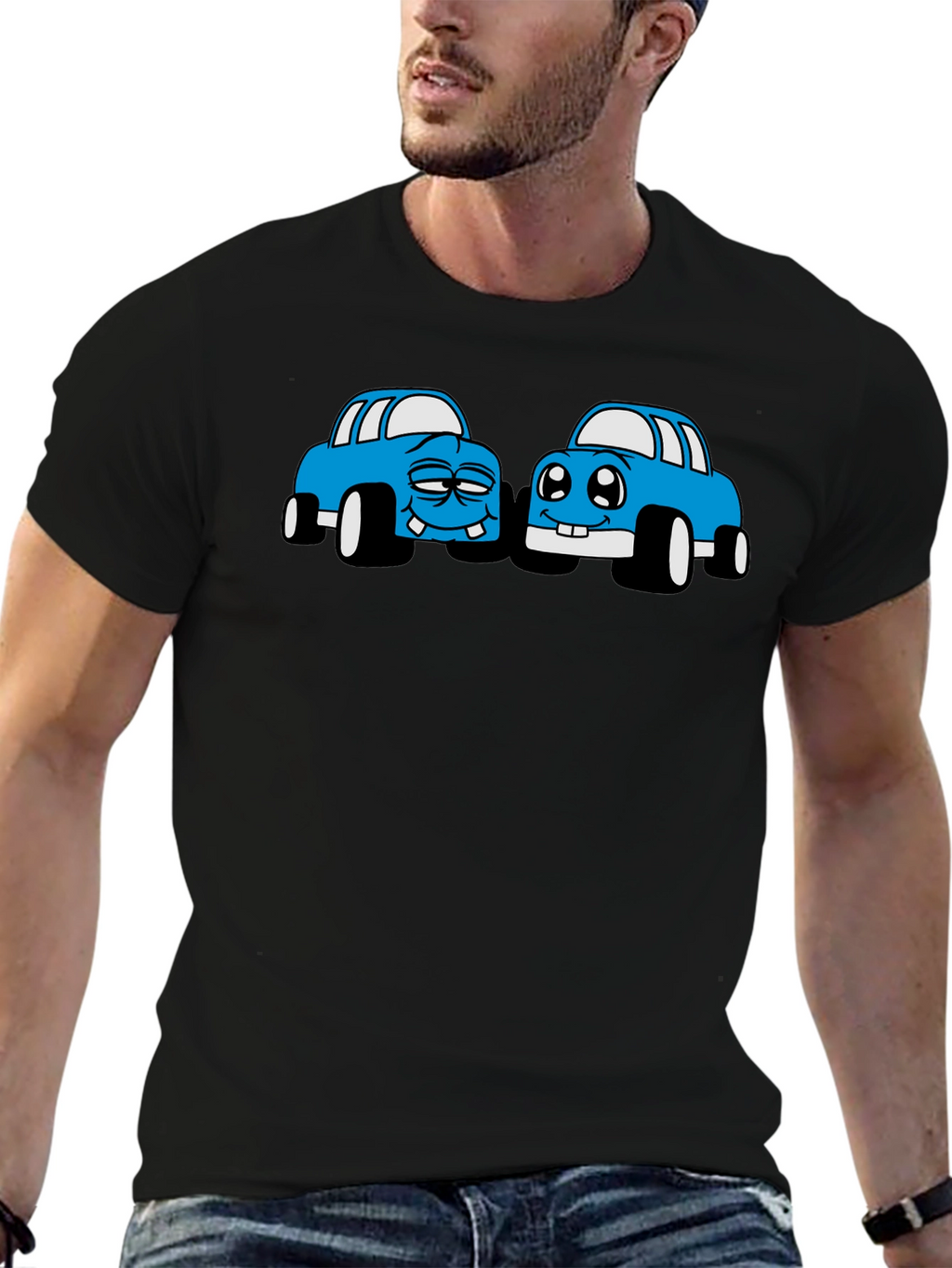 Cartoon Car Graphic Tee - Black Cotton T-Shirt