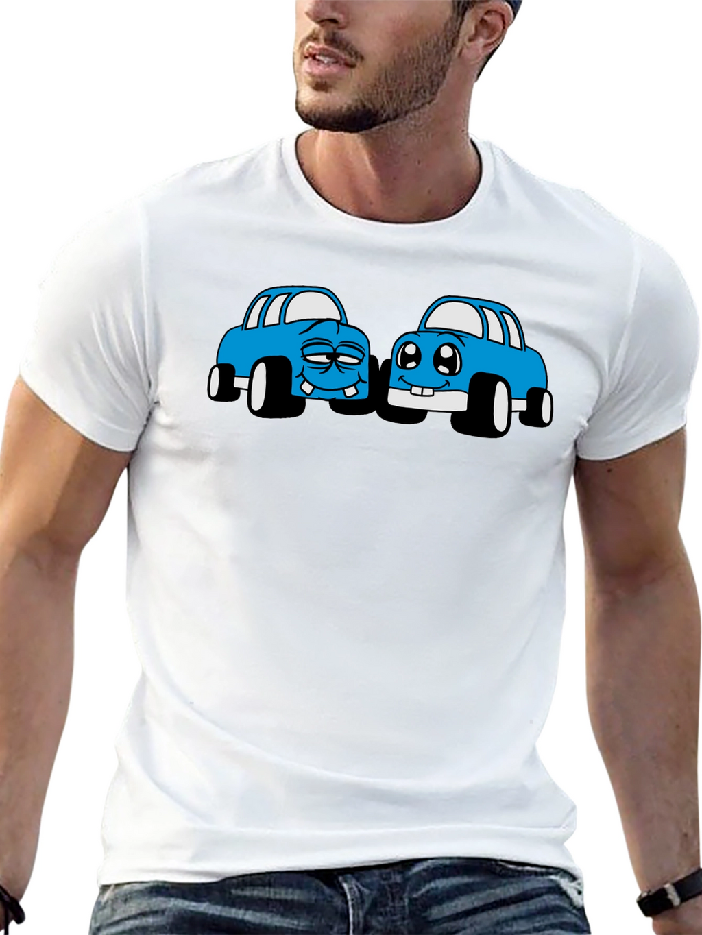 Cartoon Car Graphic Tee - Black Cotton T-Shirt