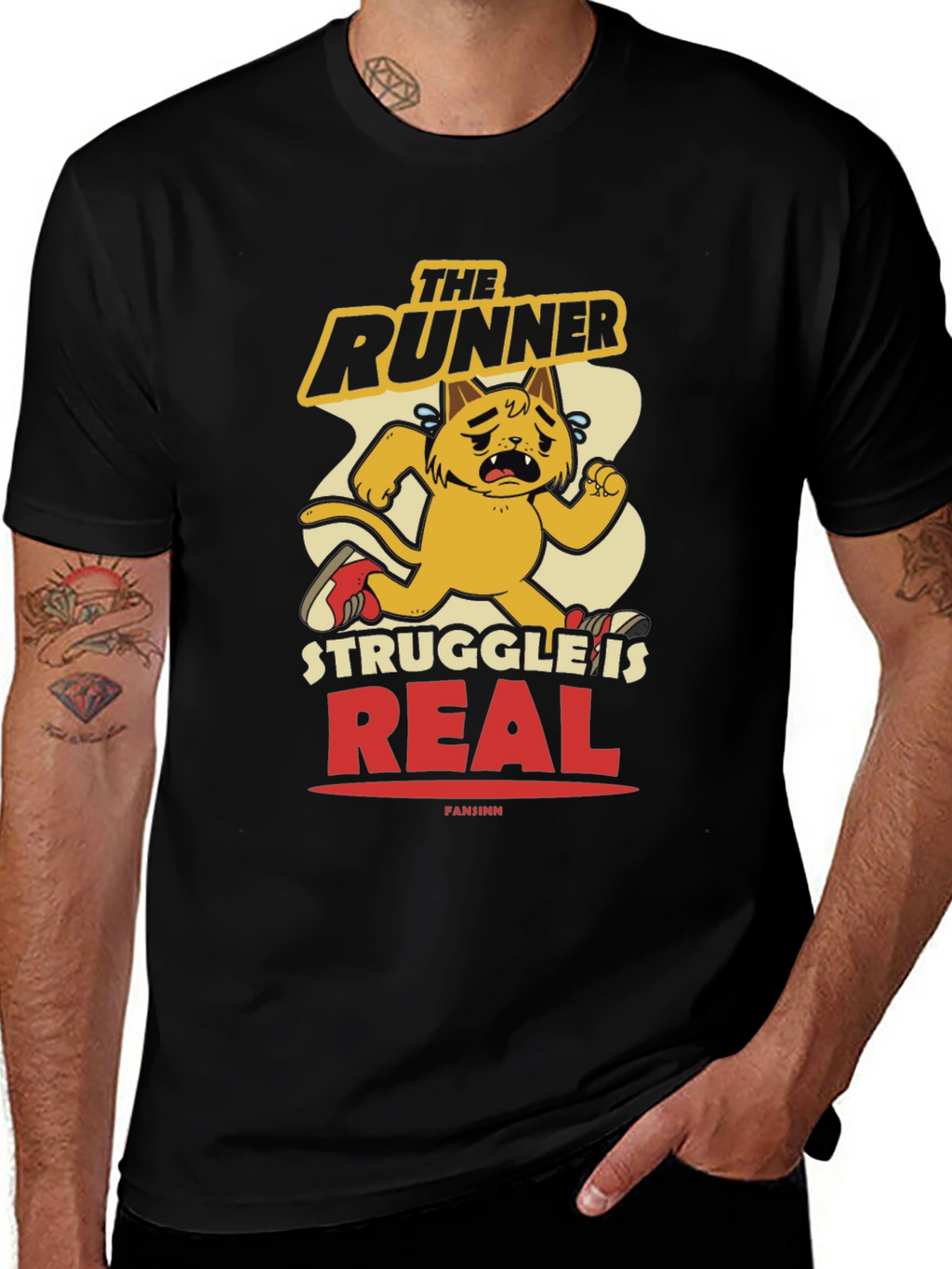 Funny Runner Cat Graphic Tee - Mens Black T-Shirt