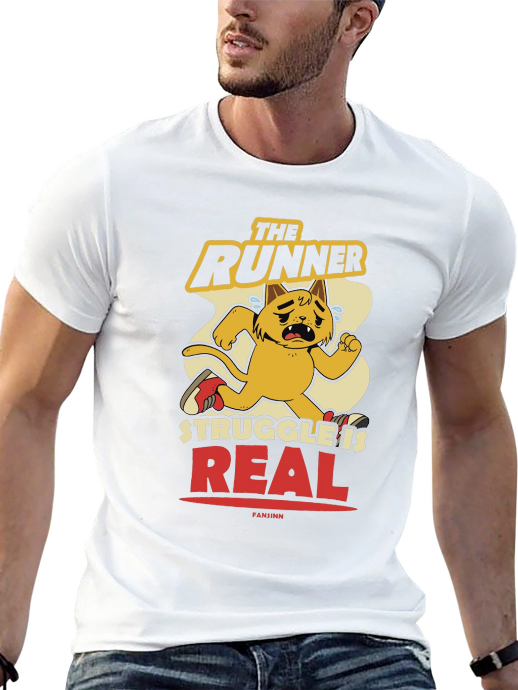 Funny Runner Cat Graphic Tee - Mens Black T-Shirt