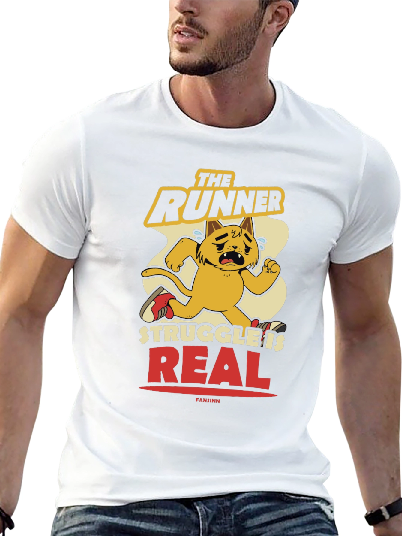 Funny Runner Cat Graphic Tee - Mens Black T-Shirt