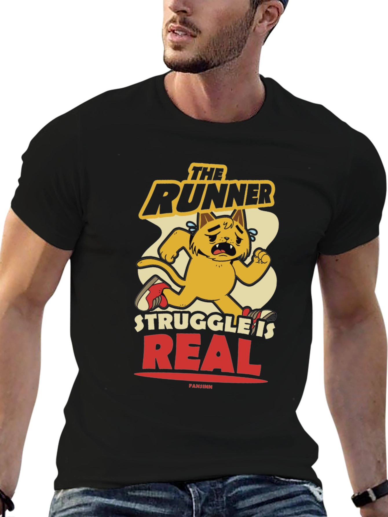 Funny Runner Cat Graphic Tee - Mens Black T-Shirt