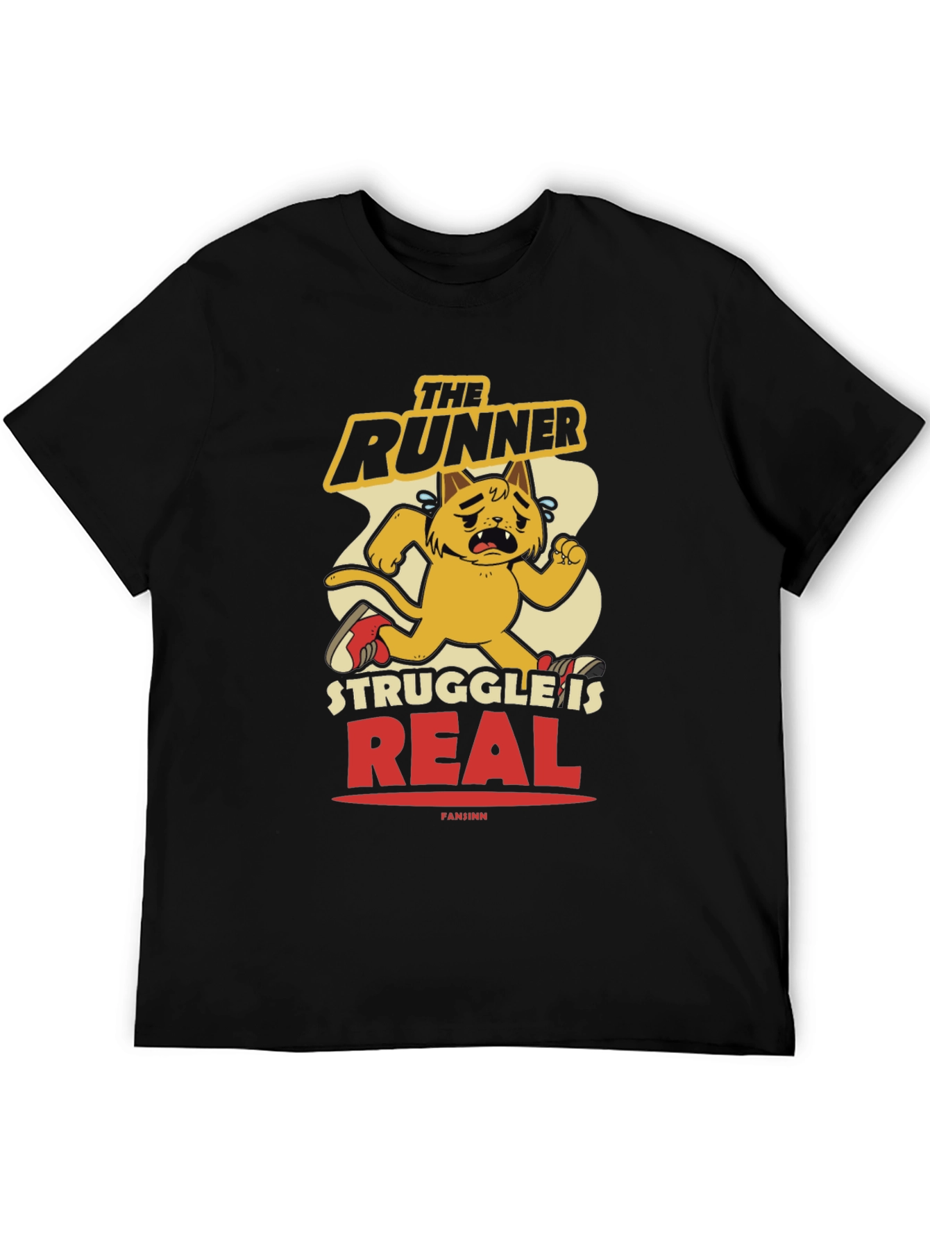 Funny Runner Cat Graphic Tee - Mens Black T-Shirt