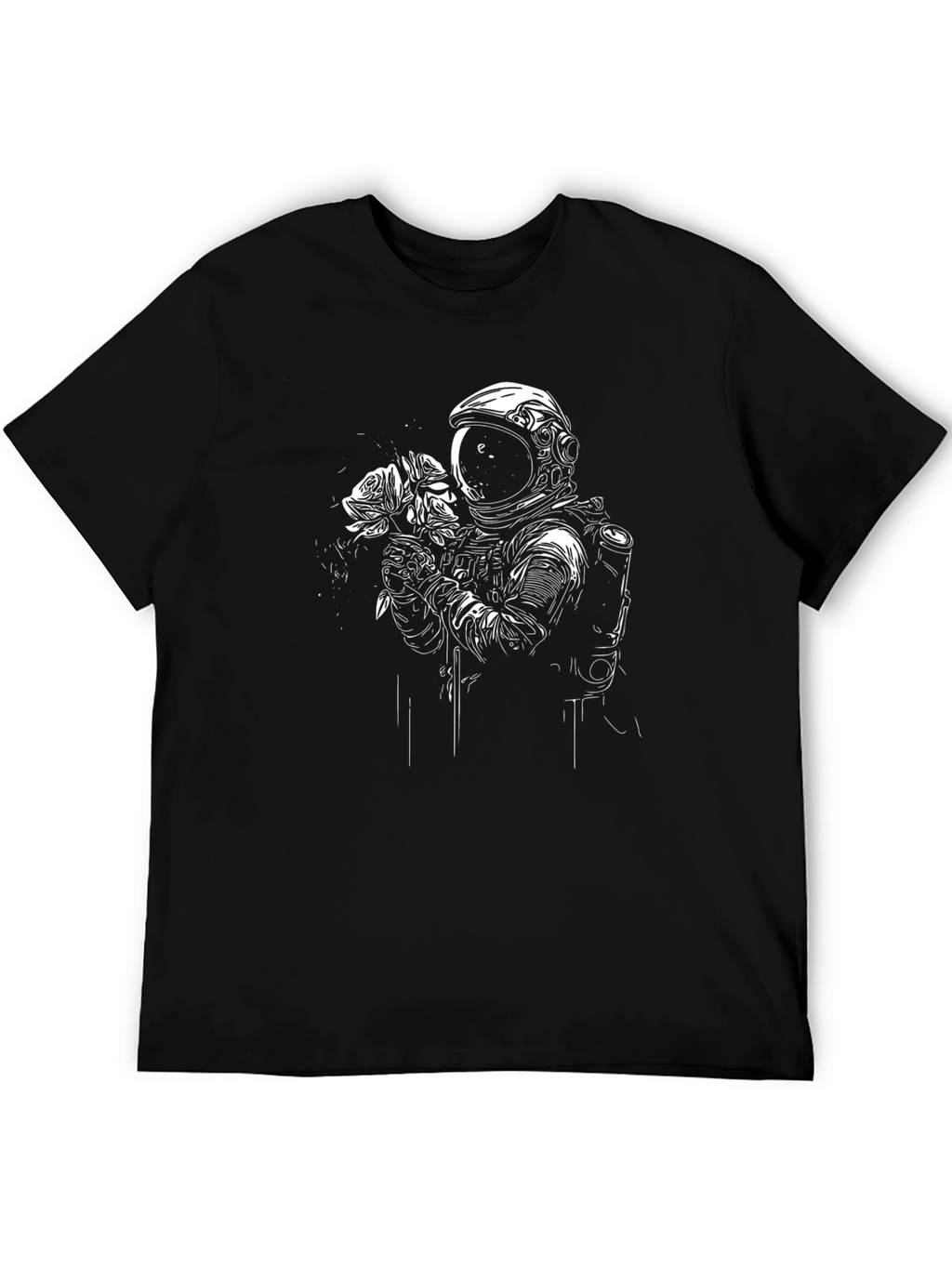 Astronaut Holding Roses Black T-Shirt