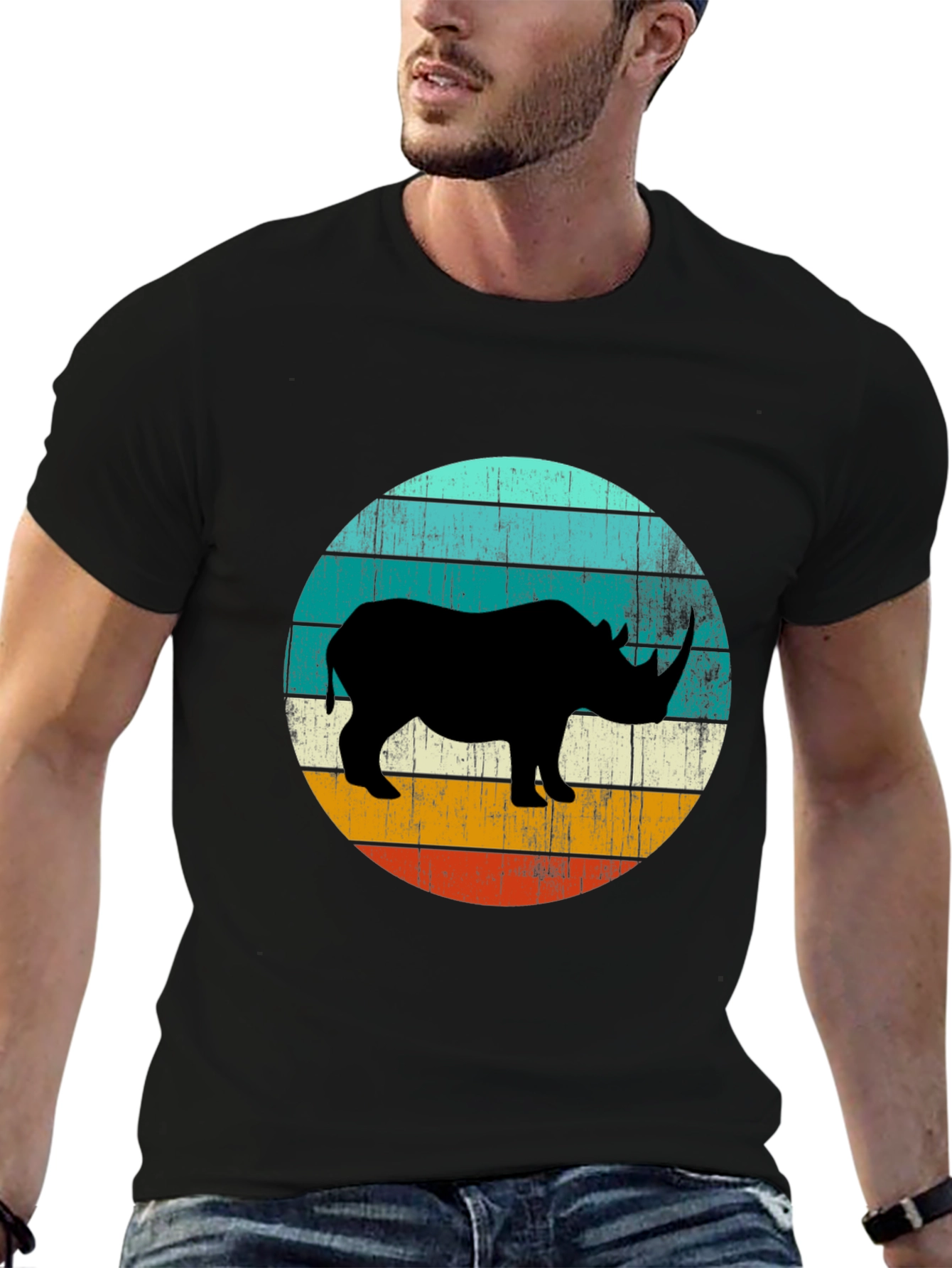 Retro Rhino Graphic Tee - Black Cotton T-Shirt