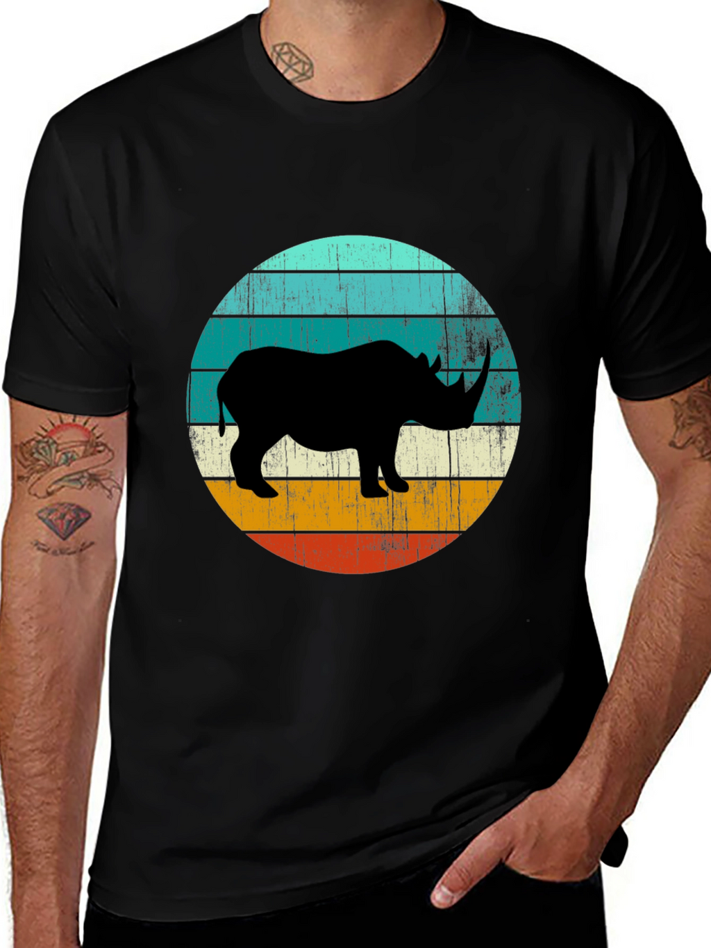 Retro Rhino Graphic Tee - Black Cotton T-Shirt
