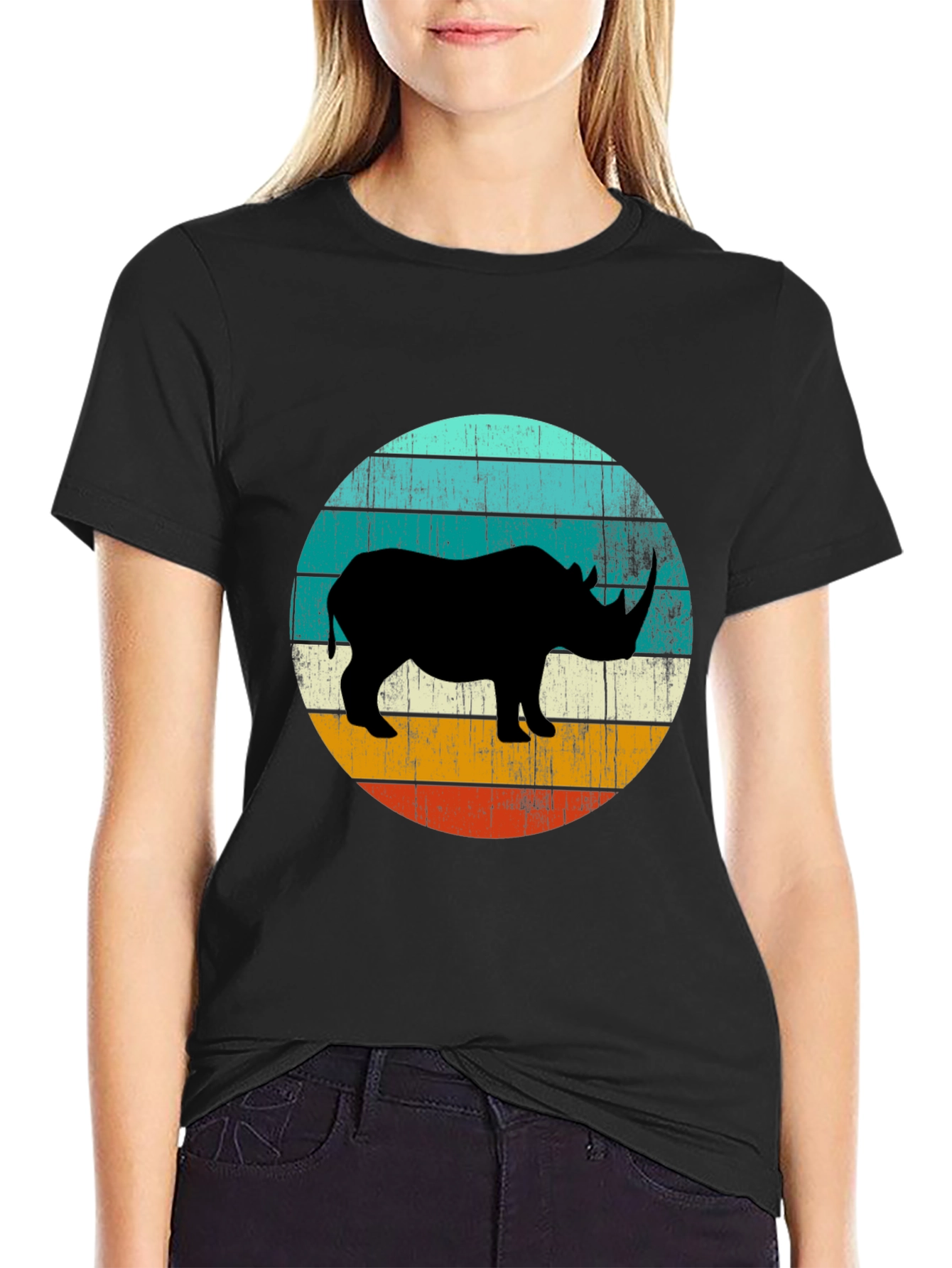 Retro Rhino Graphic Tee - Black Cotton T-Shirt