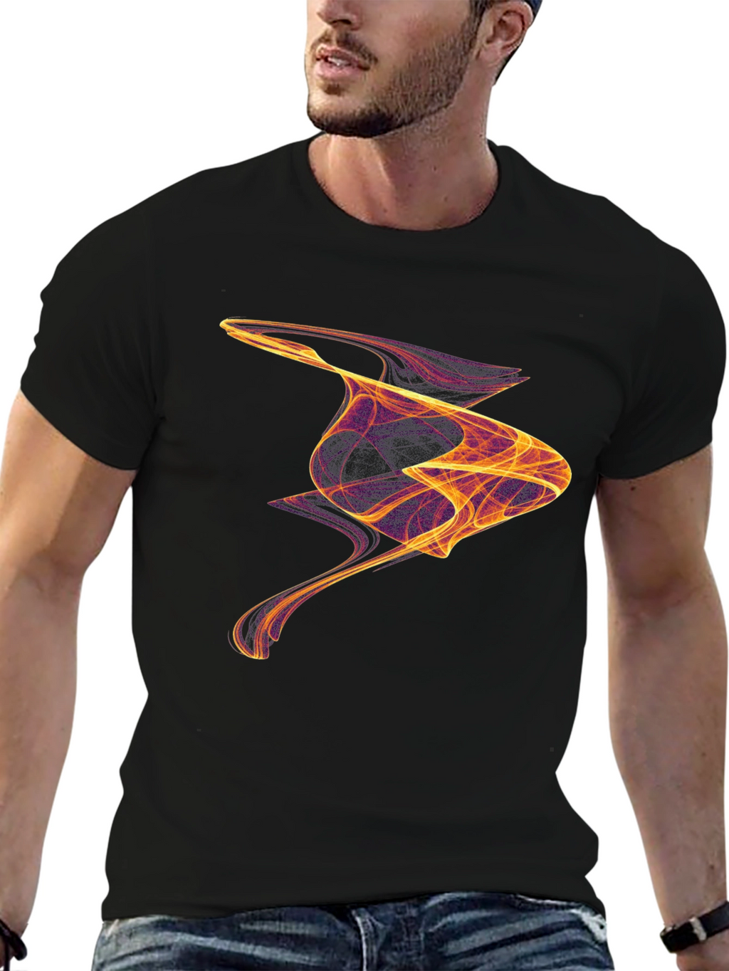 Abstract Flame Design Black Cotton T-Shirt