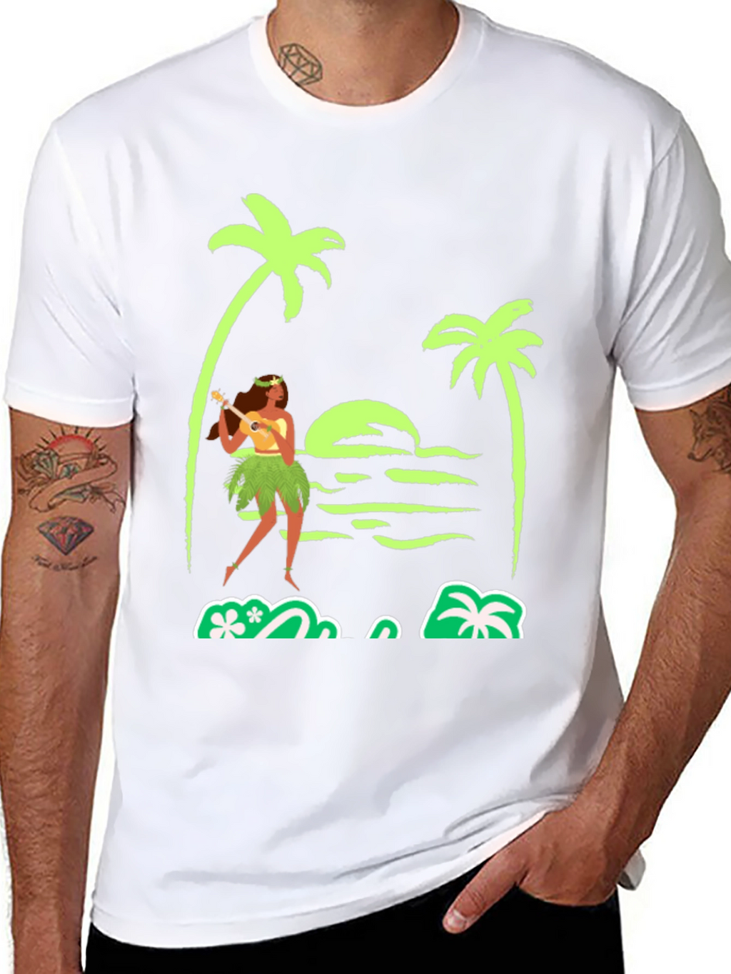 Island Vibes T-Shirt: Hula Girl Palm Trees Sunset Design