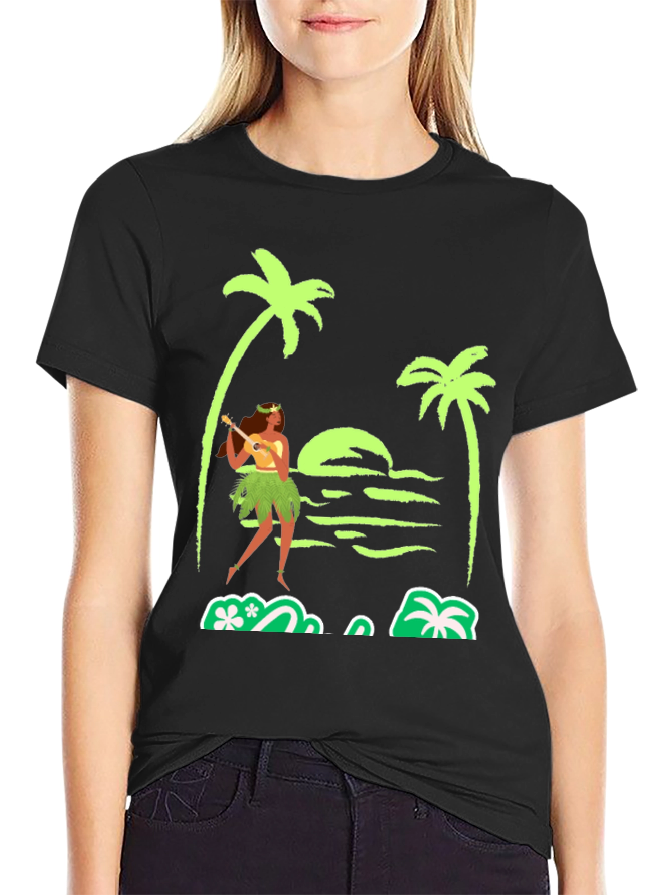 Island Vibes T-Shirt: Hula Girl Palm Trees Sunset Design