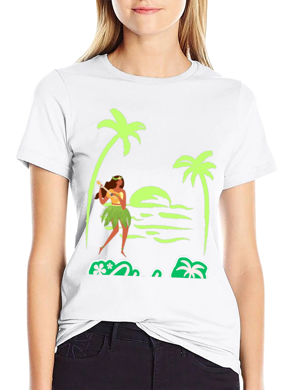 Island Vibes T-Shirt: Hula Girl Palm Trees Sunset Design