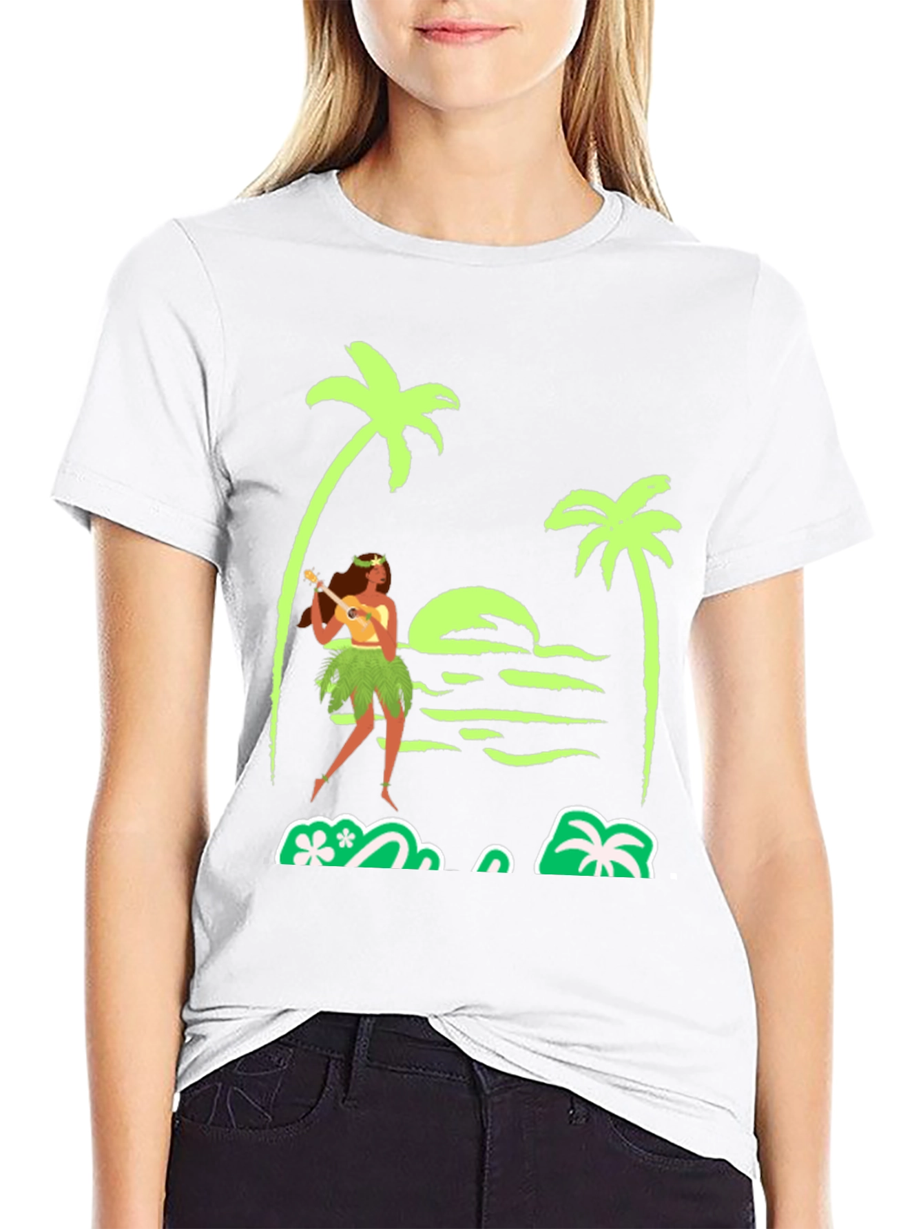 Island Vibes T-Shirt: Hula Girl Palm Trees Sunset Design