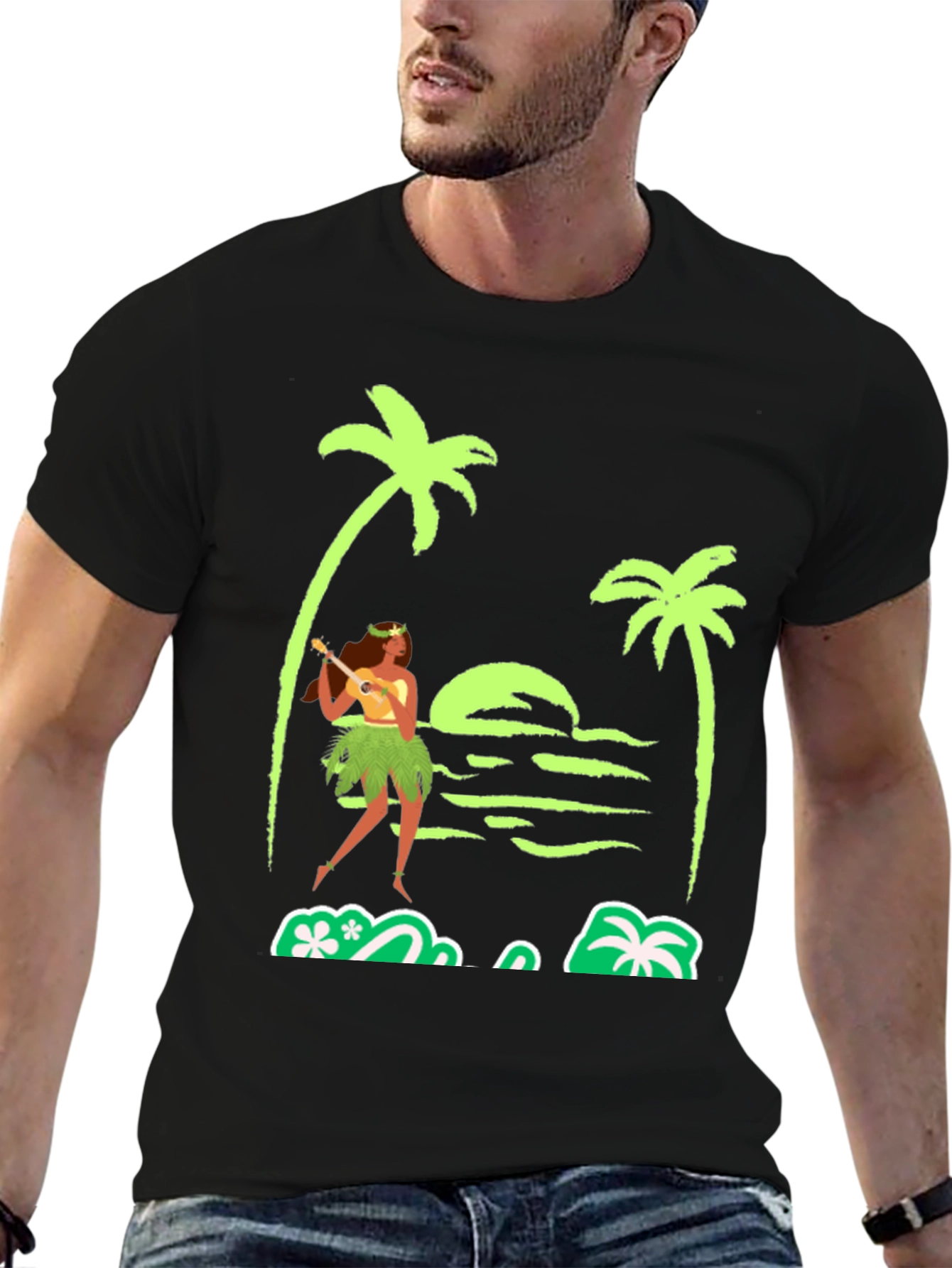 Island Vibes T-Shirt: Hula Girl Palm Trees Sunset Design