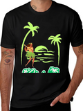Island Vibes T-Shirt: Hula Girl Palm Trees Sunset Design