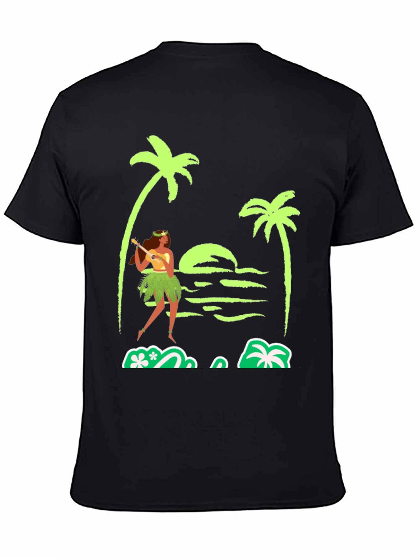 Island Vibes T-Shirt: Hula Girl Palm Trees Sunset Design