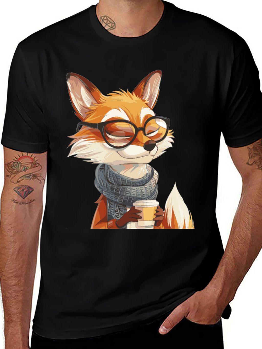Fox with Glasses Black T-Shirt