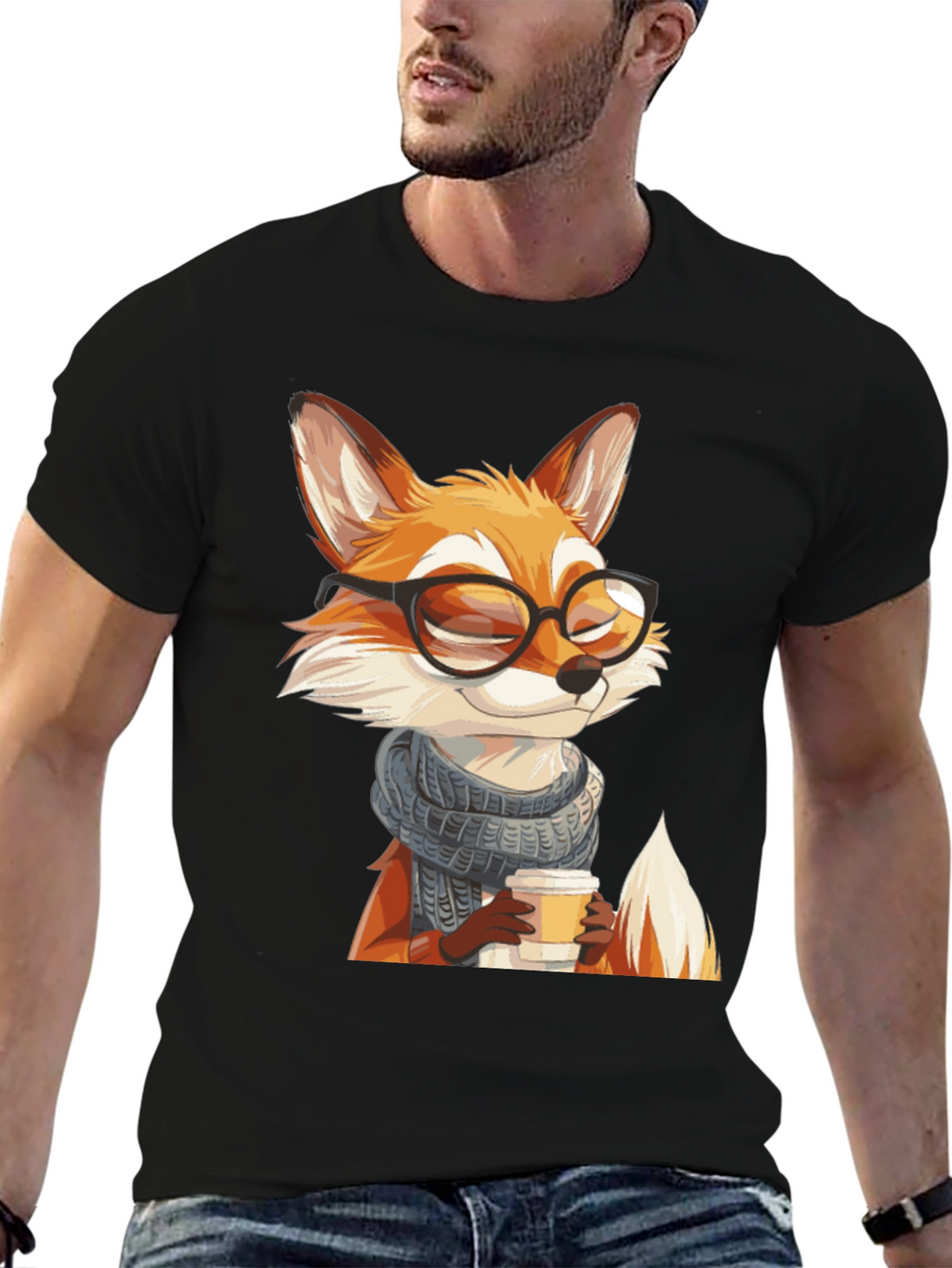 Fox with Glasses Black T-Shirt