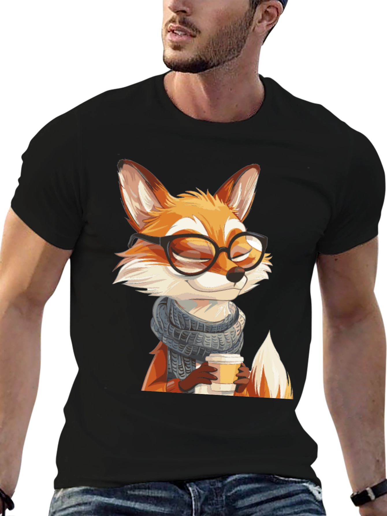 Fox with Glasses Black T-Shirt