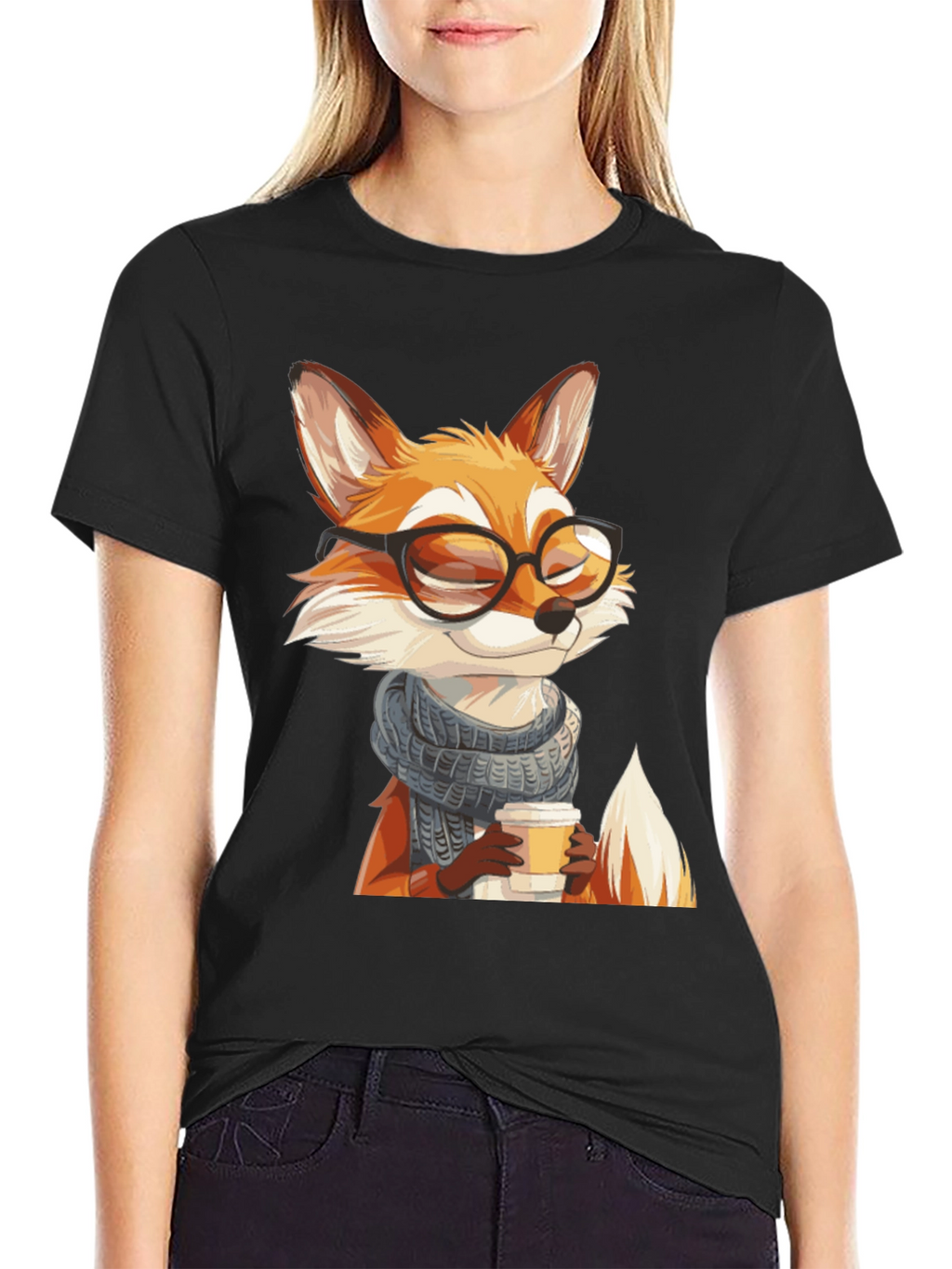 Fox with Glasses Black T-Shirt