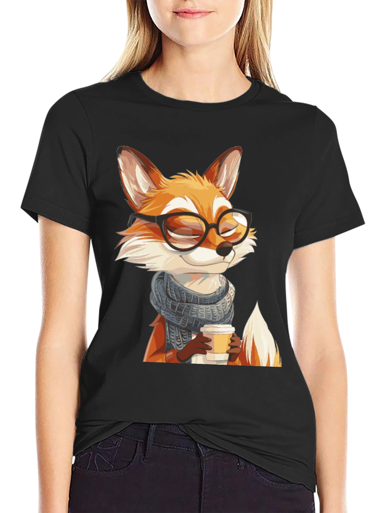 Fox with Glasses Black T-Shirt