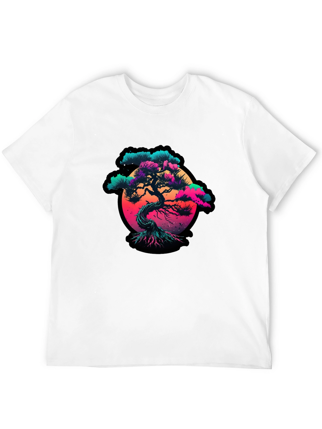 Vaporwave Bonsai Tree Graphic Black T-Shirt