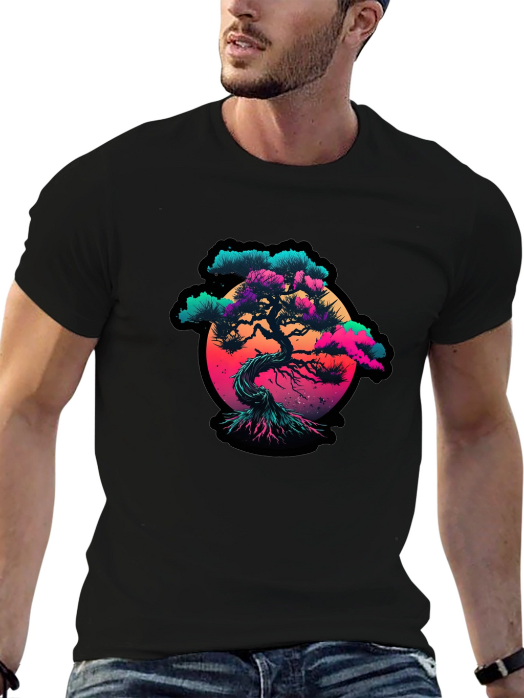 Vaporwave Bonsai Tree Graphic Black T-Shirt