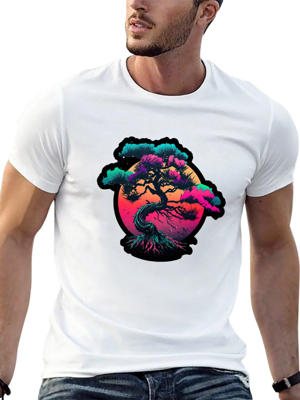 Vaporwave Bonsai Tree Graphic Black T-Shirt