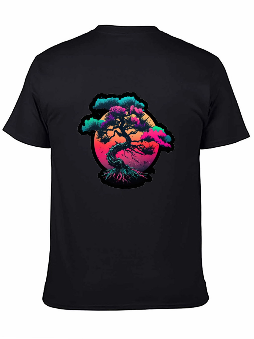 Vaporwave Bonsai Tree Graphic Black T-Shirt