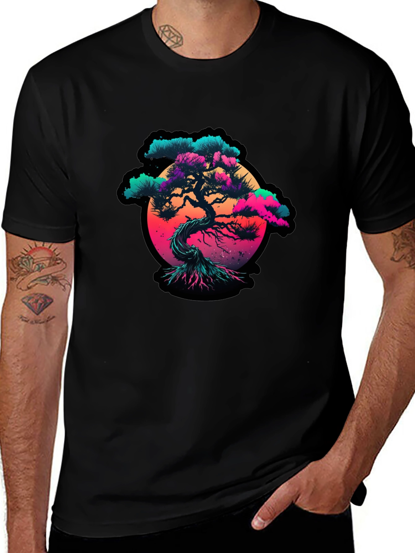 Vaporwave Bonsai Tree Graphic Black T-Shirt