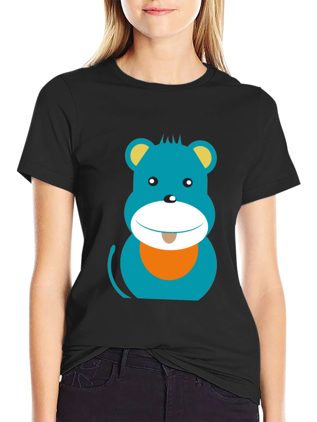 Cartoon Bear Graphic Print Black T-Shirt