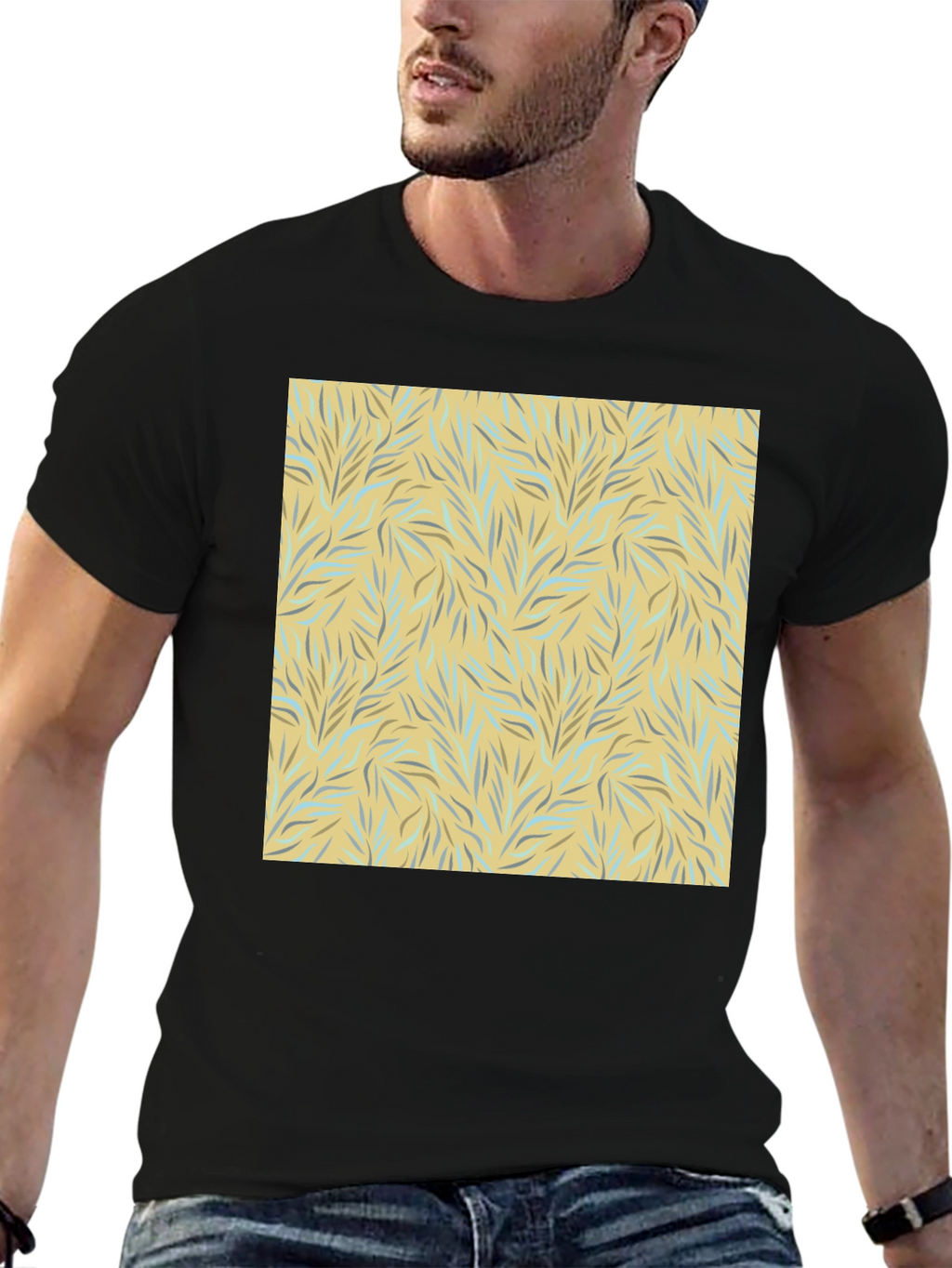 Trendy Black Tee with Abstract Leaf Design