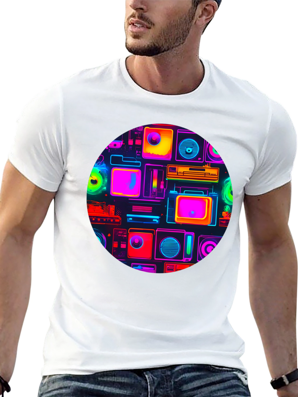 Neon Retro Tech T-Shirt - Graphic Print Tee