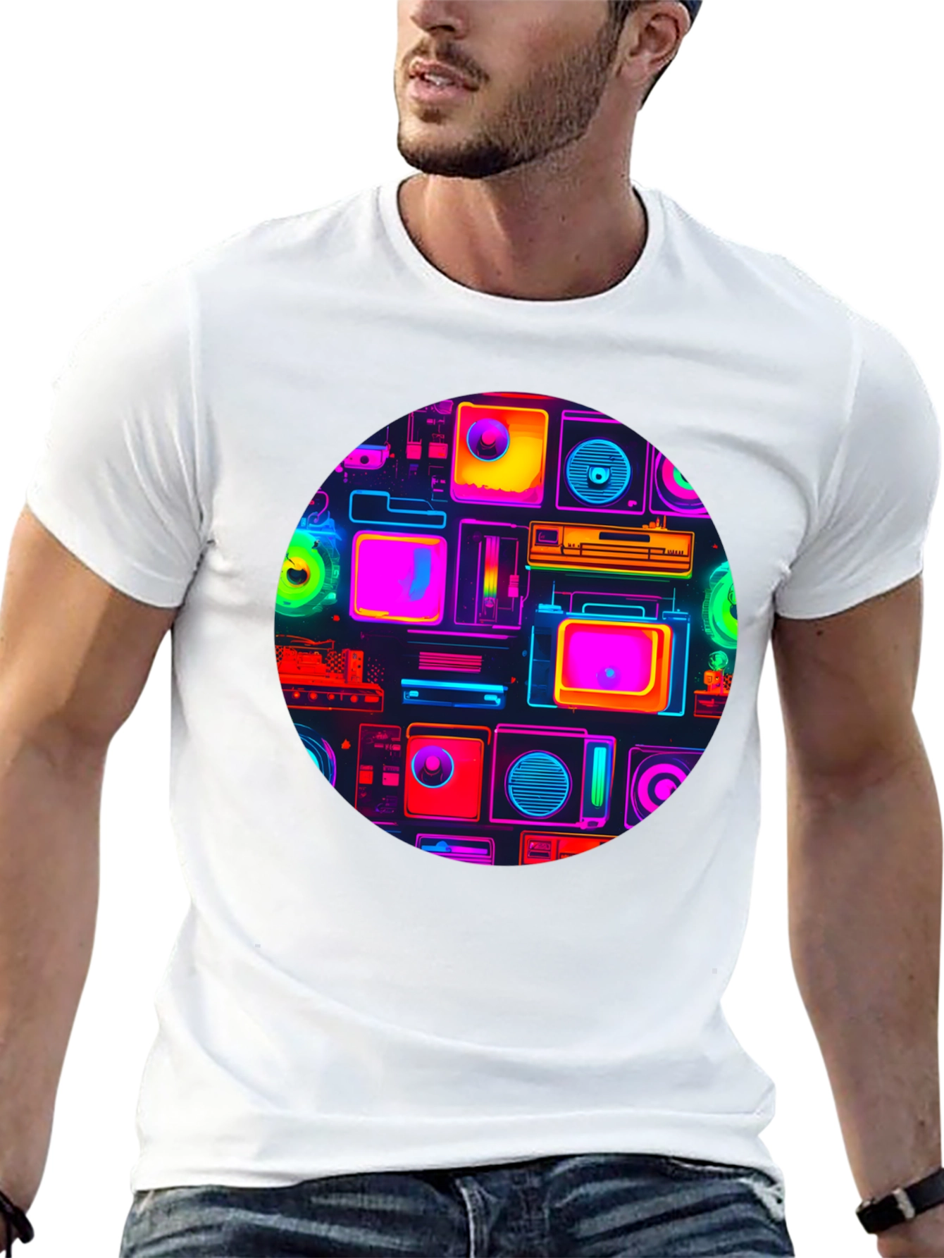 Neon Retro Tech T-Shirt - Graphic Print Tee