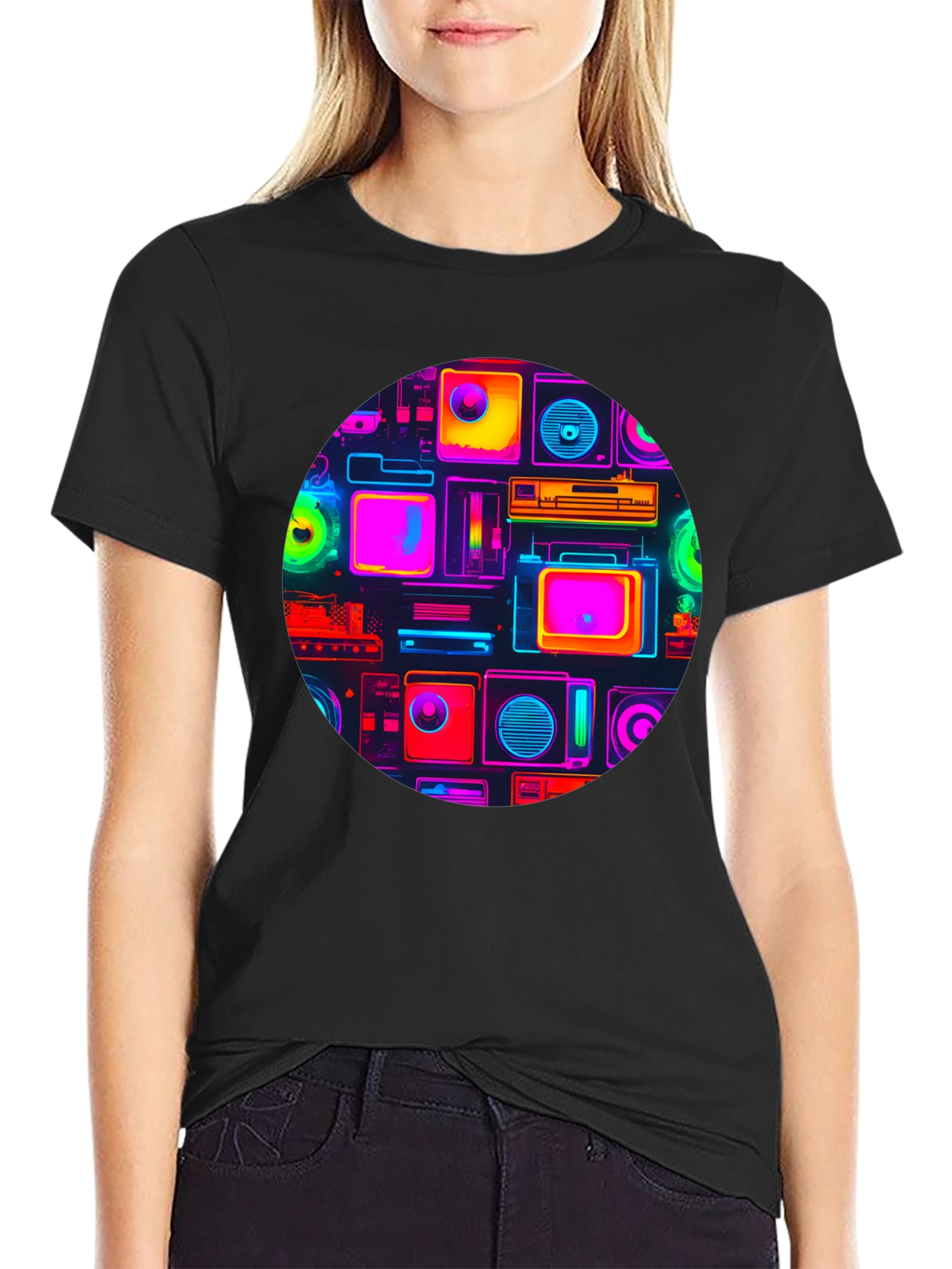 Neon Retro Tech T-Shirt - Graphic Print Tee