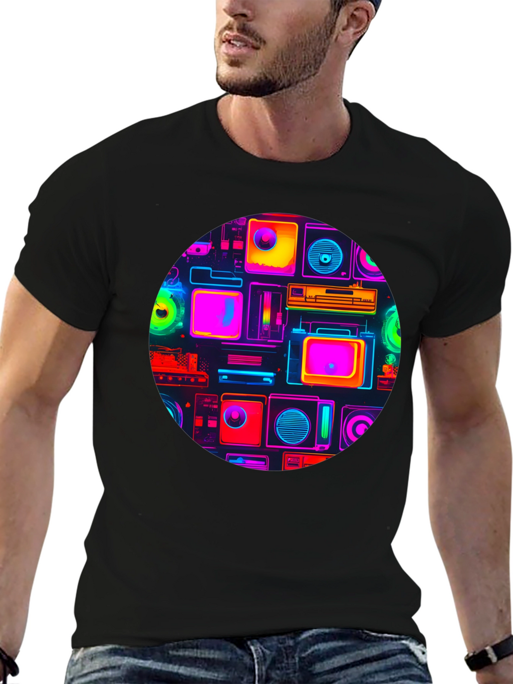 Neon Retro Tech T-Shirt - Graphic Print Tee