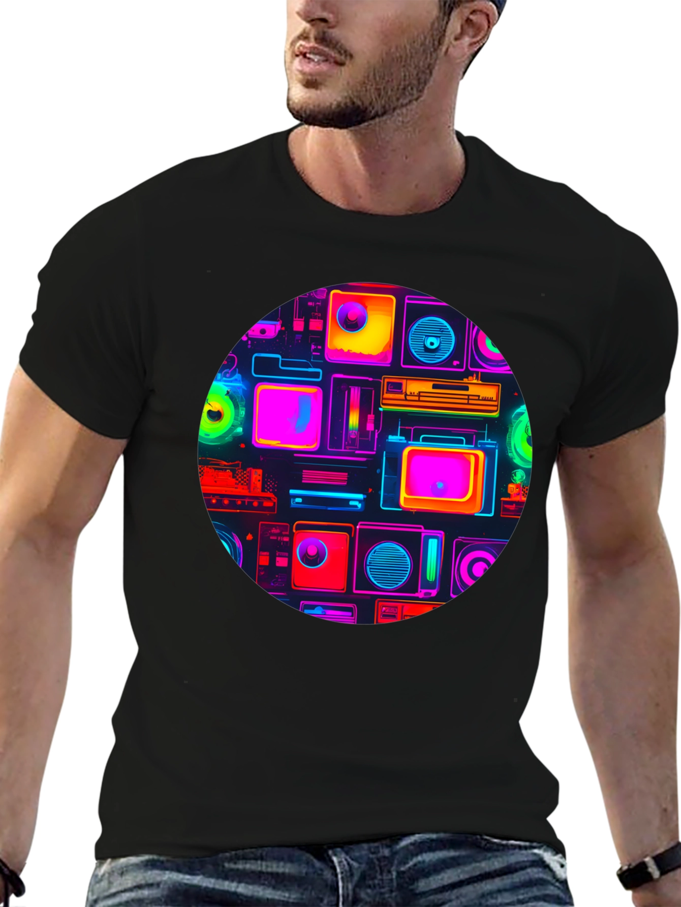 Neon Retro Tech T-Shirt - Graphic Print Tee