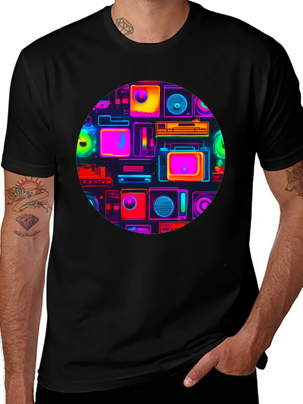 Neon Retro Tech T-Shirt - Graphic Print Tee