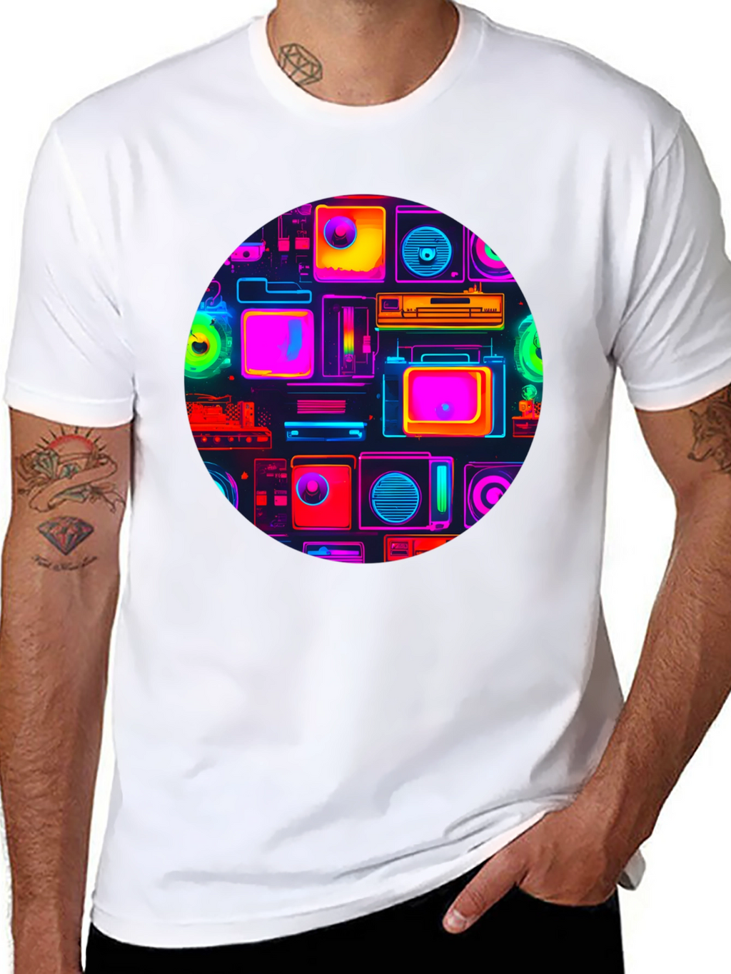 Neon Retro Tech T-Shirt - Graphic Print Tee